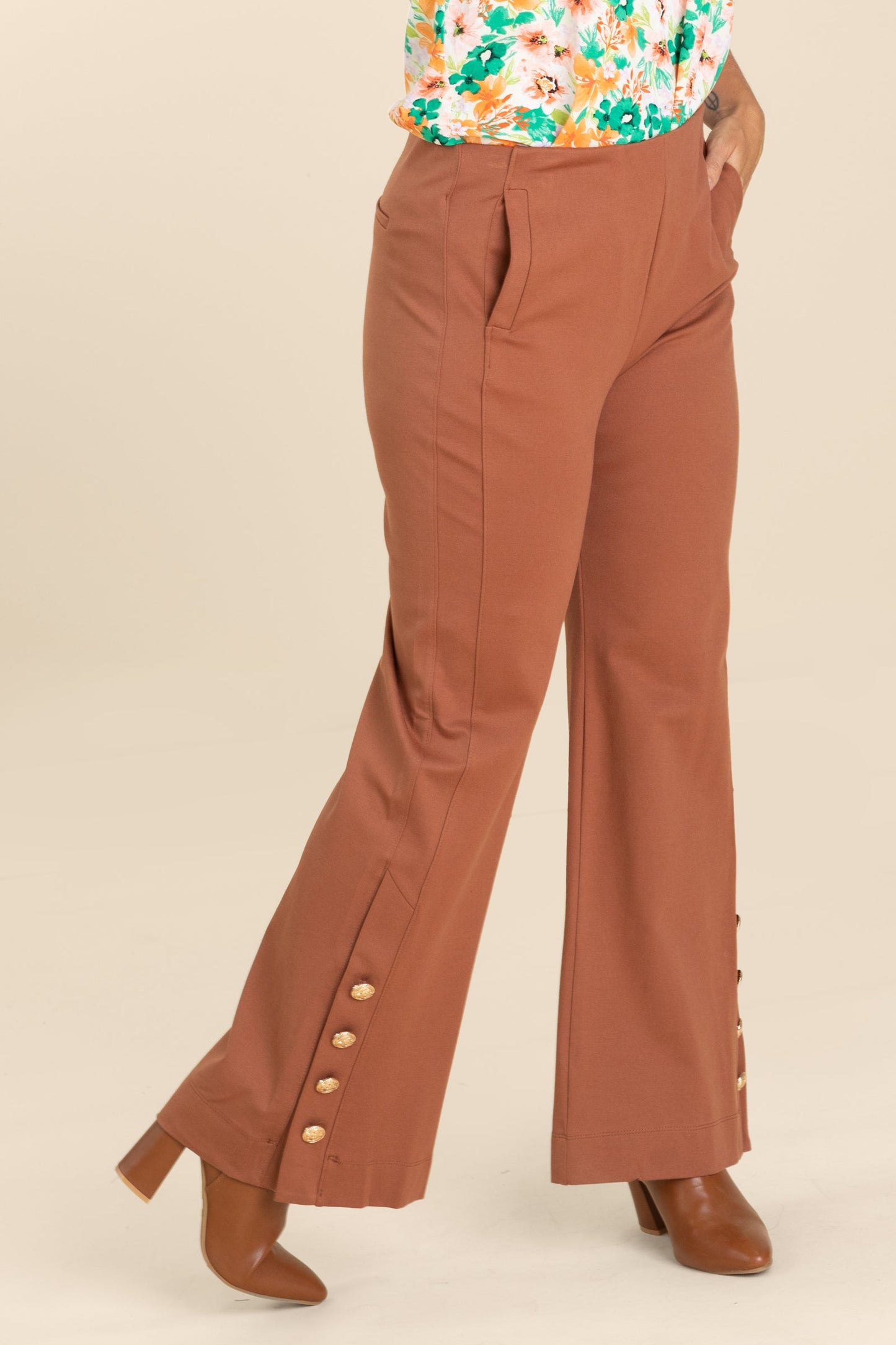 Straight Leg Pants With Gold Buttons Detail