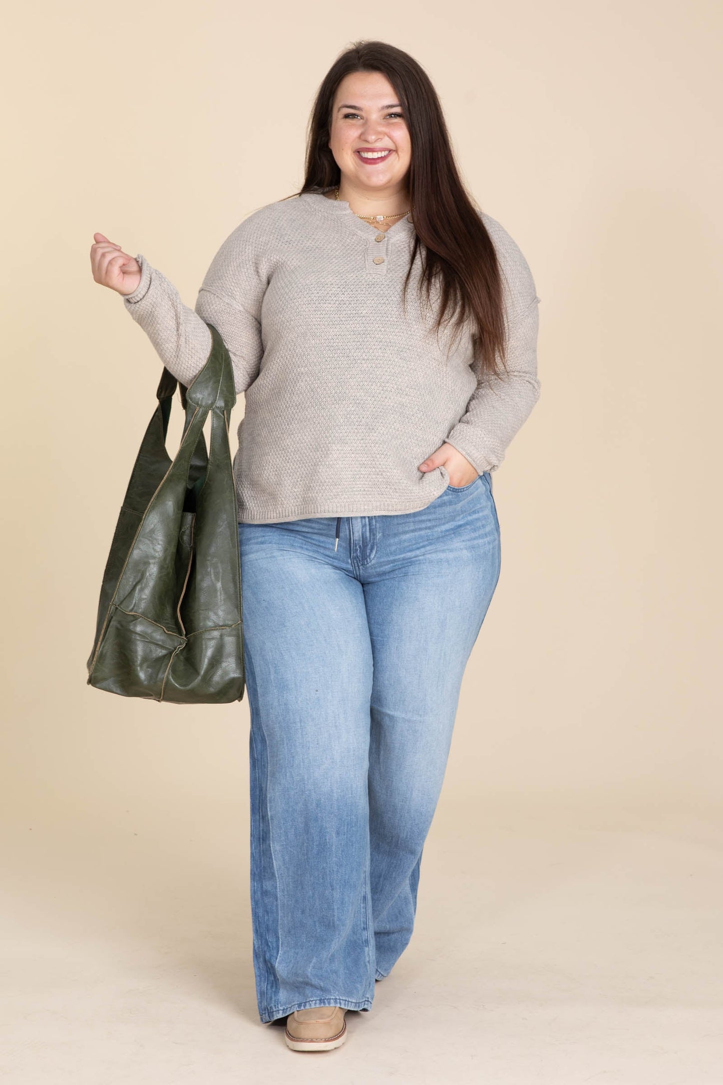 Waffle Textured Henley Neckline Basic Sweaters