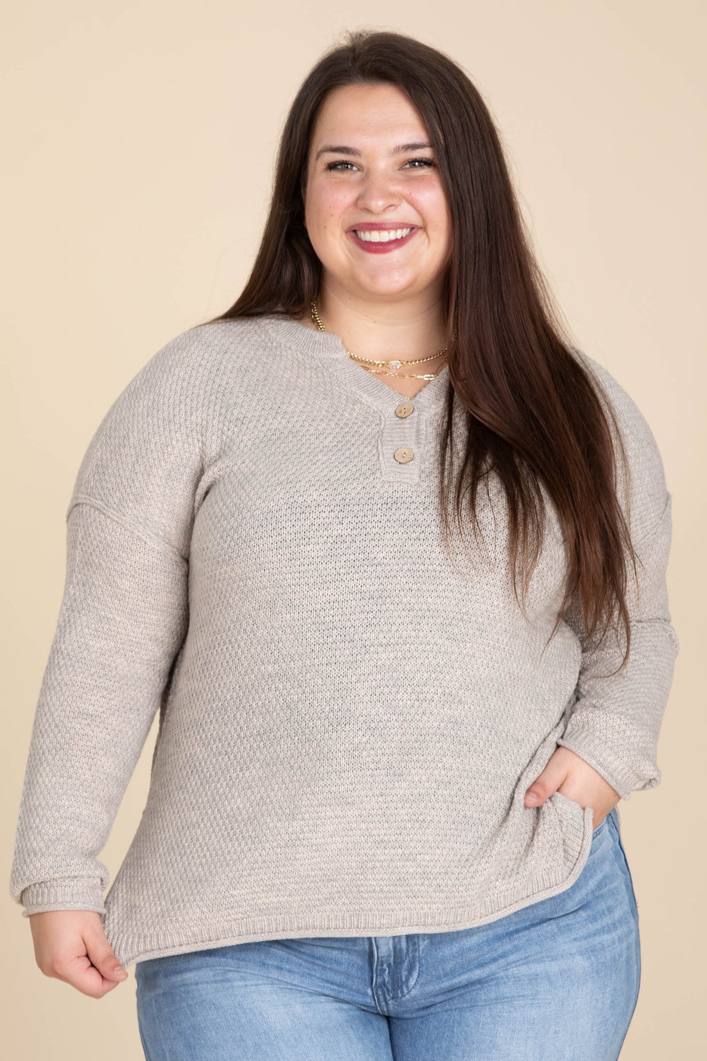 Waffle Textured Henley Neckline Basic Sweaters