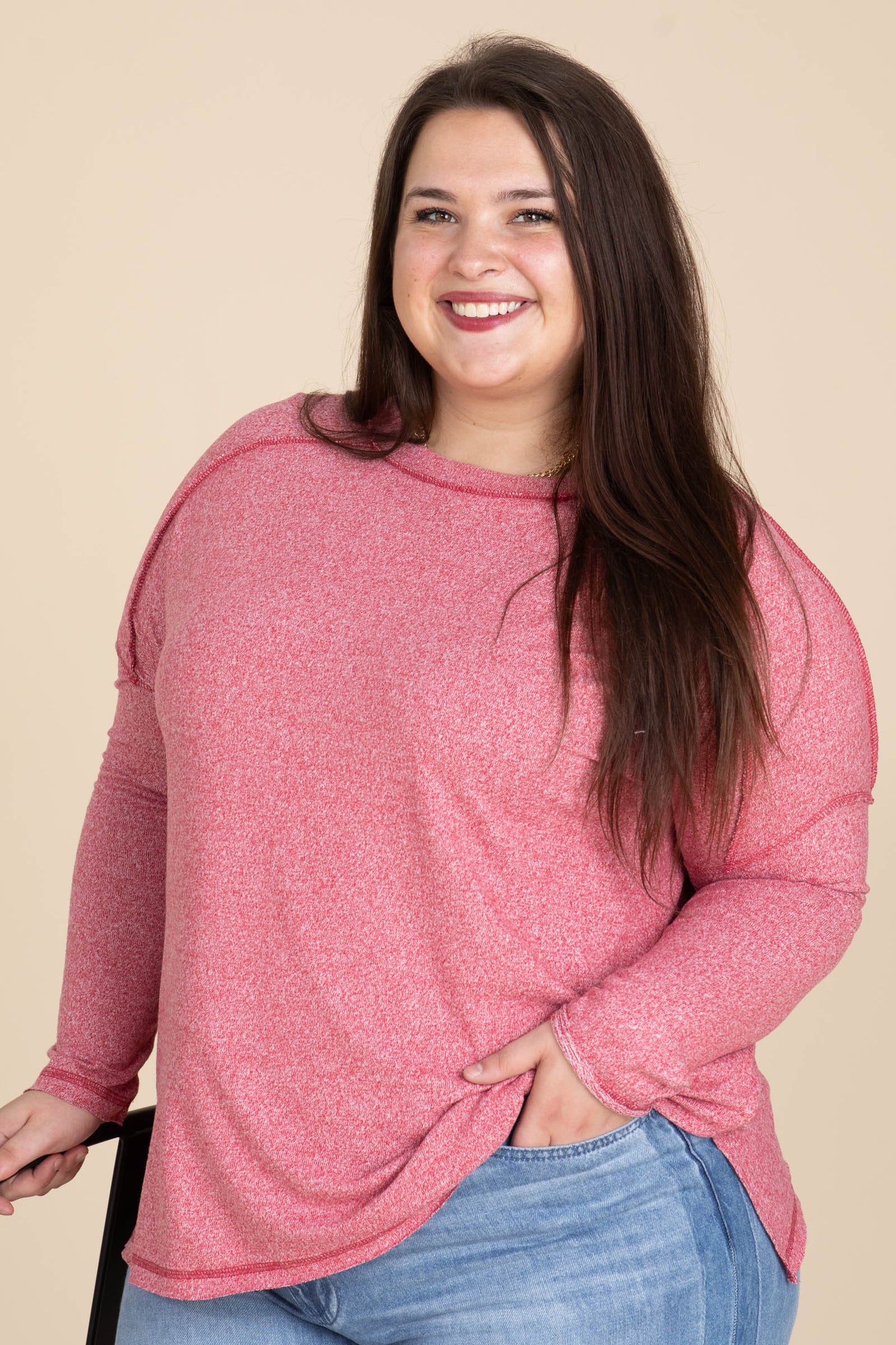 Soft Melange Hacci Exposed Seam Knit Tops