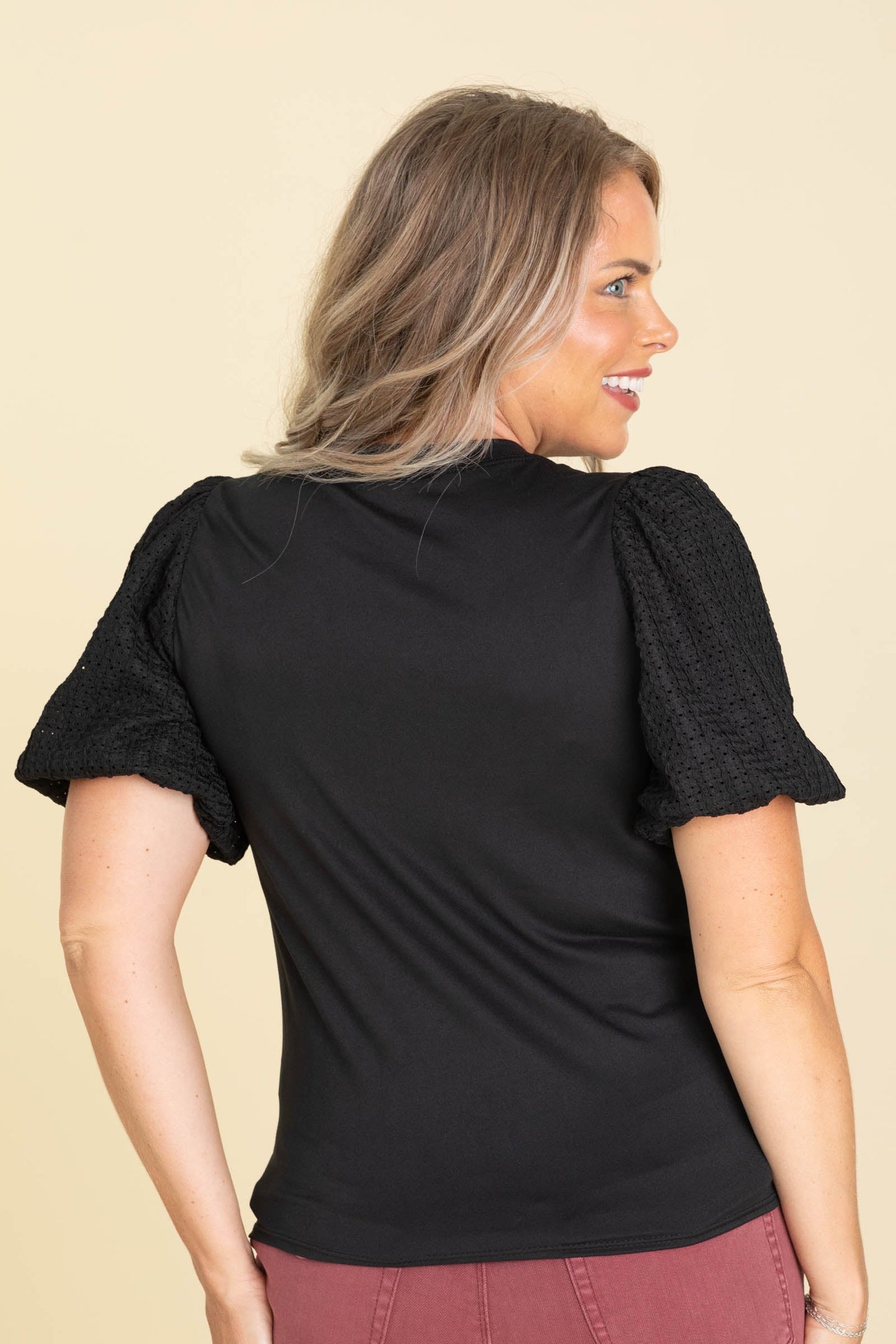 Solid Knit Tops With Contrast Puffed Sleeves