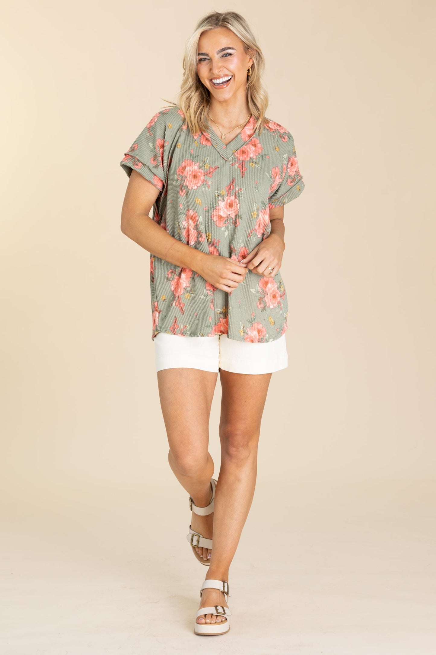 Flower Printed Ribbed Knit Tops