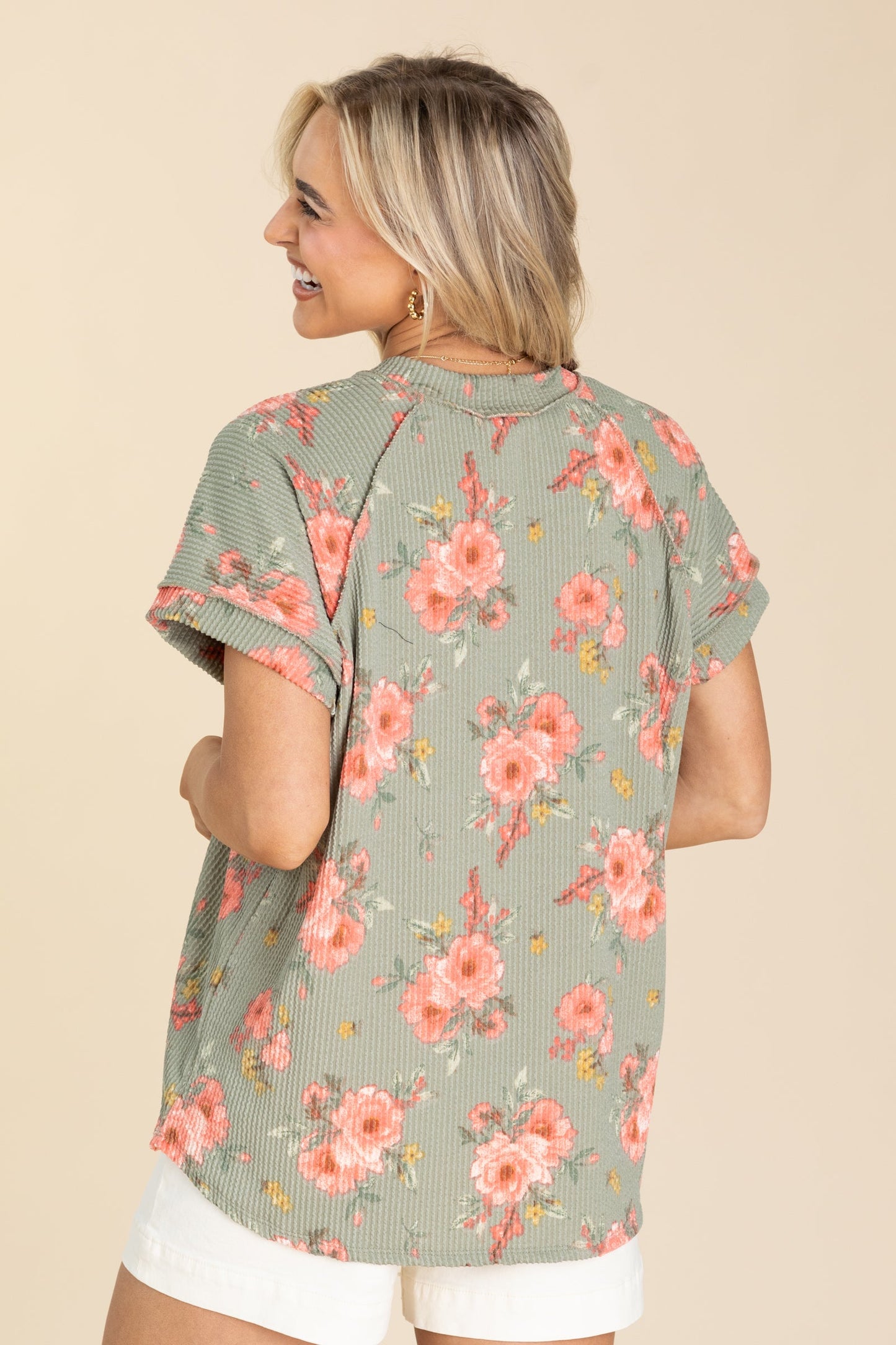 Flower Printed Ribbed Knit Tops