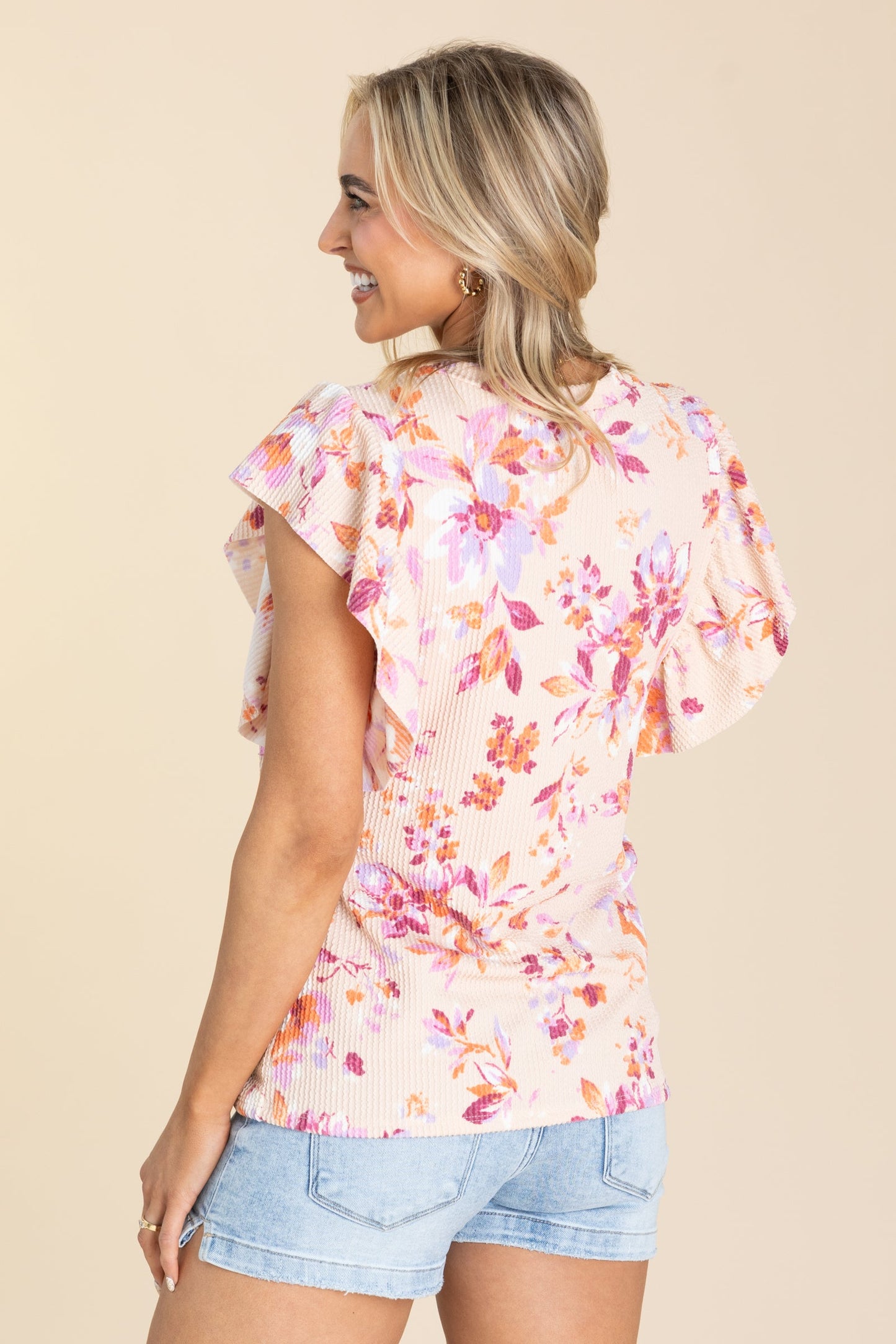 Floral Print Flutter Sleeves Knit Top