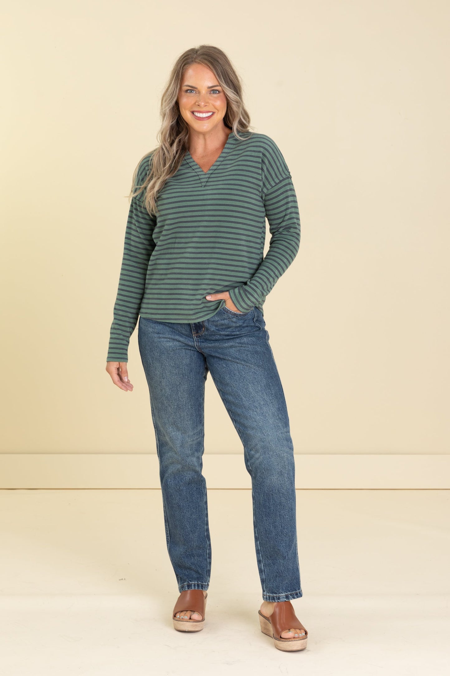 V-Neck Knit Pullover Striped Knit Tops