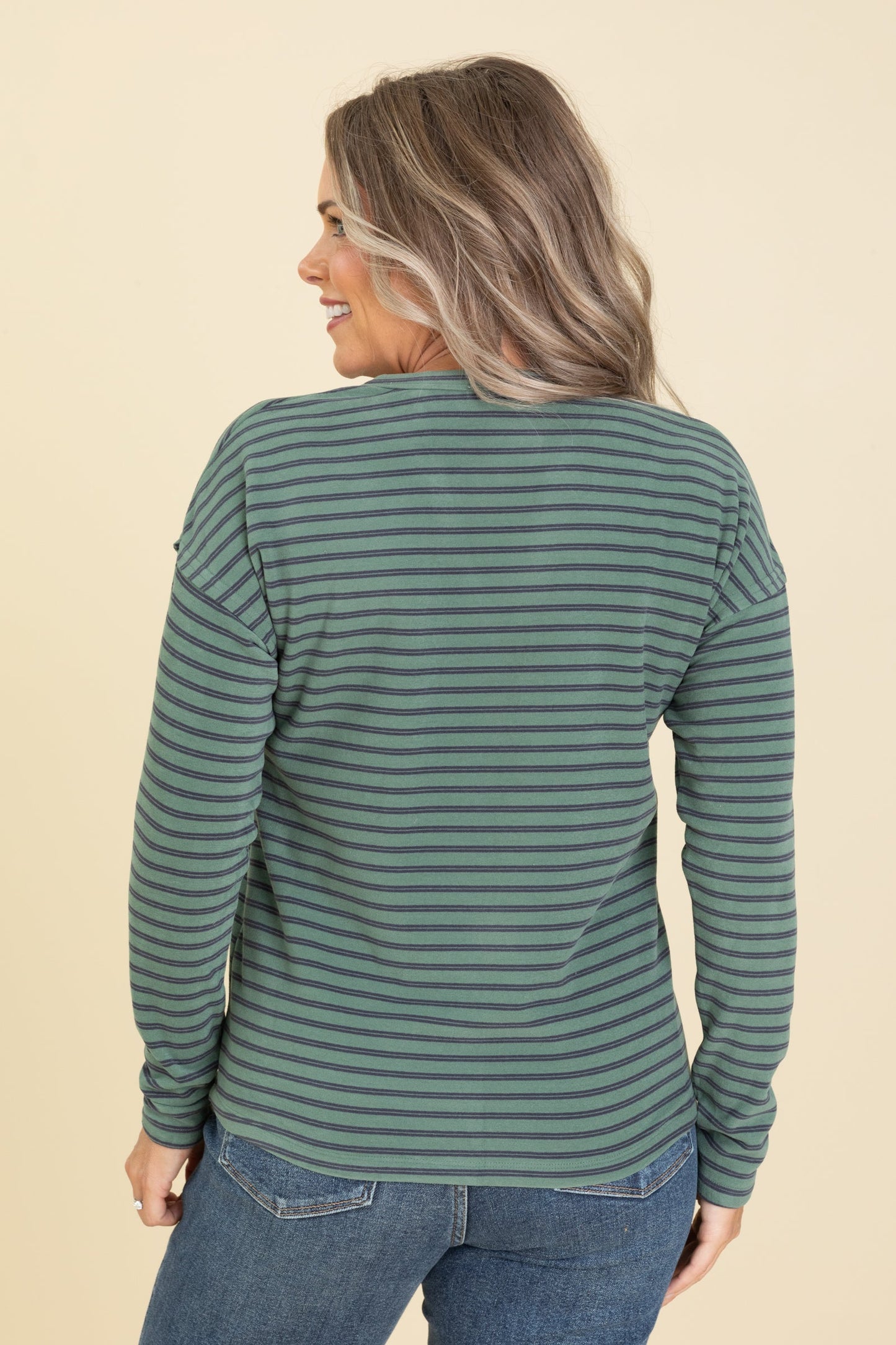 V-Neck Knit Pullover Striped Knit Tops