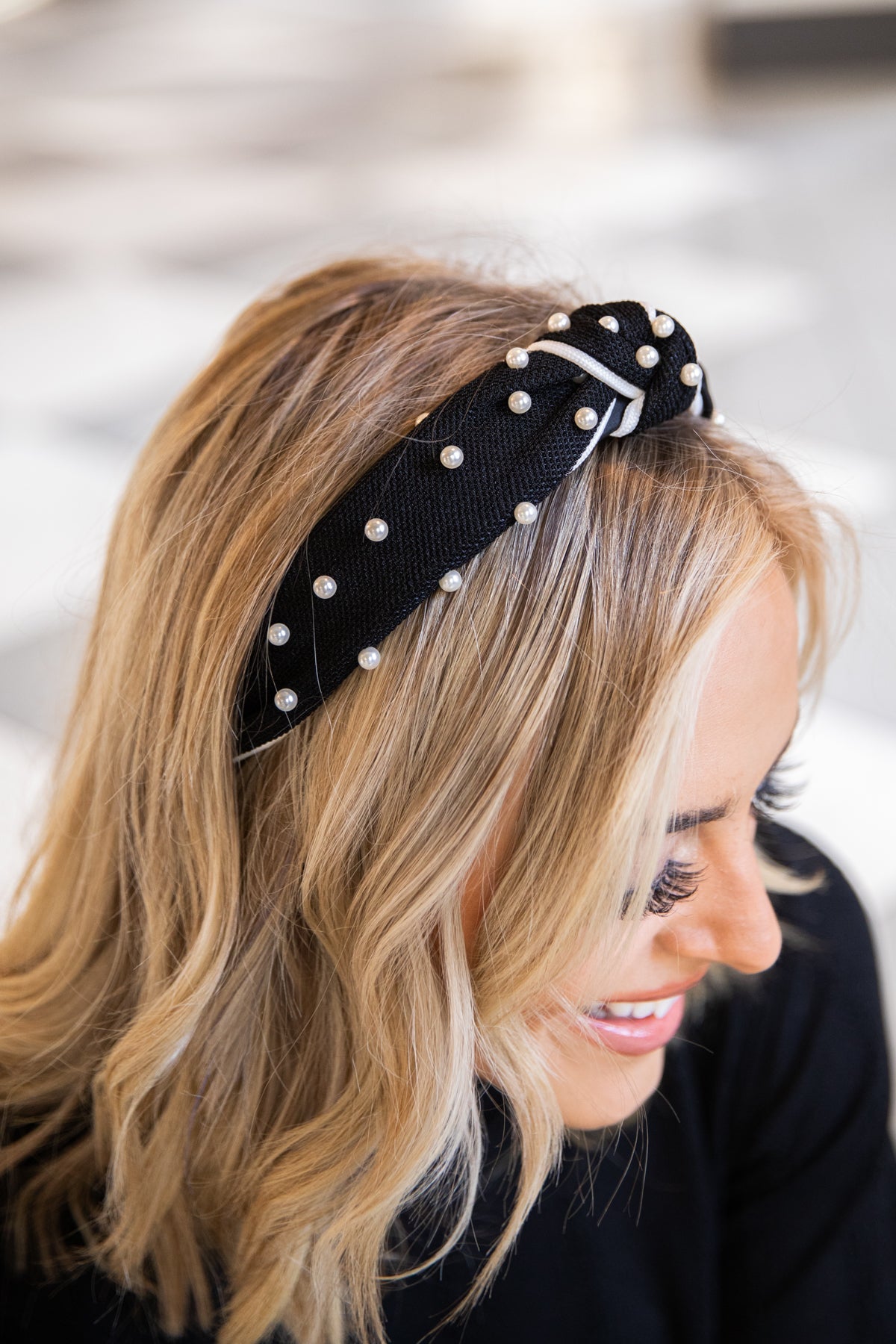Black and White Headband With Pearls