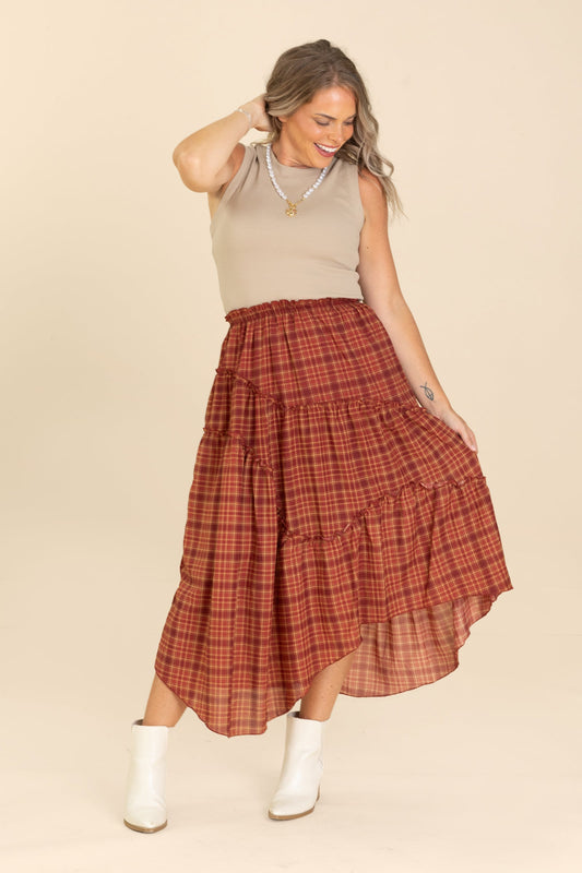 Maroon Plaid Ruffle Detail Midi Skirt