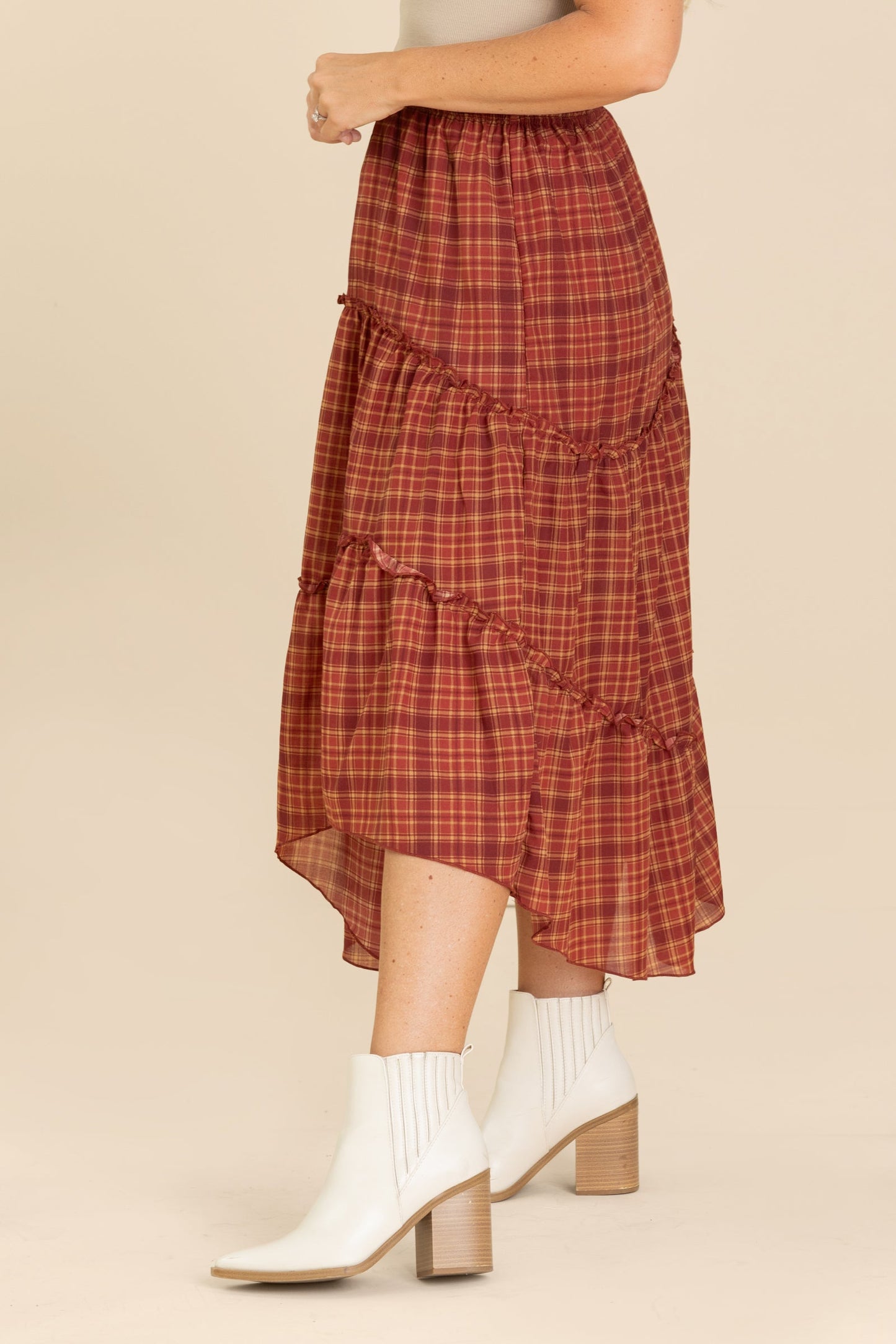 Maroon Plaid Ruffle Detail Midi Skirt