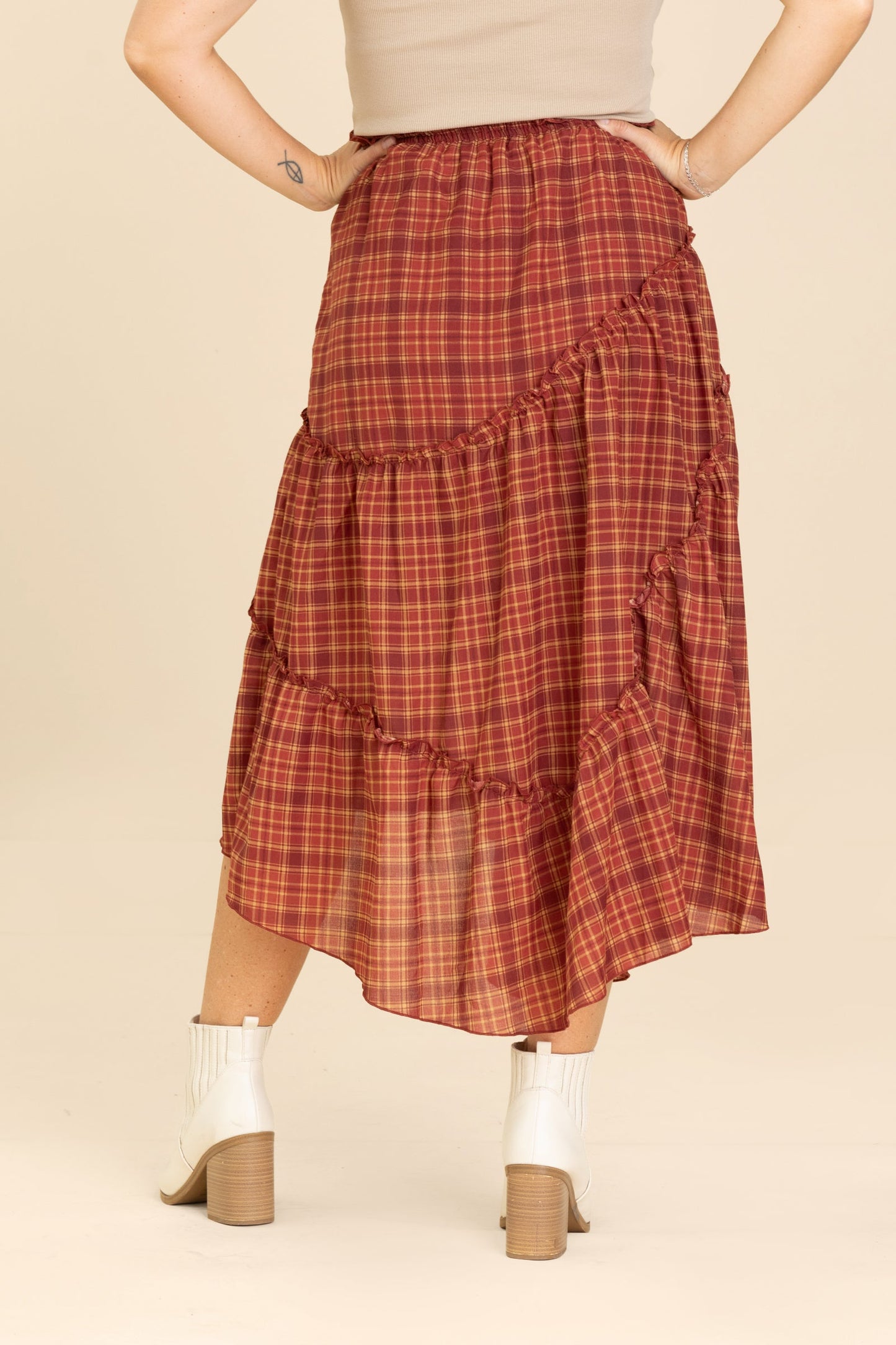 Maroon Plaid Ruffle Detail Midi Skirt
