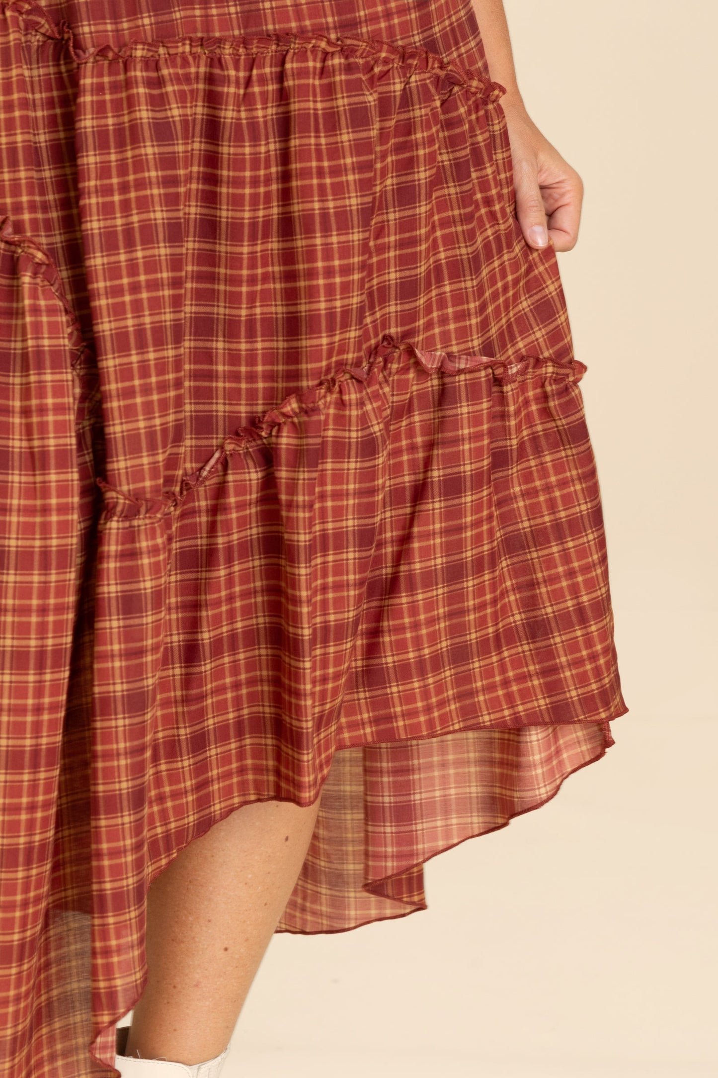 Maroon Plaid Ruffle Detail Midi Skirt