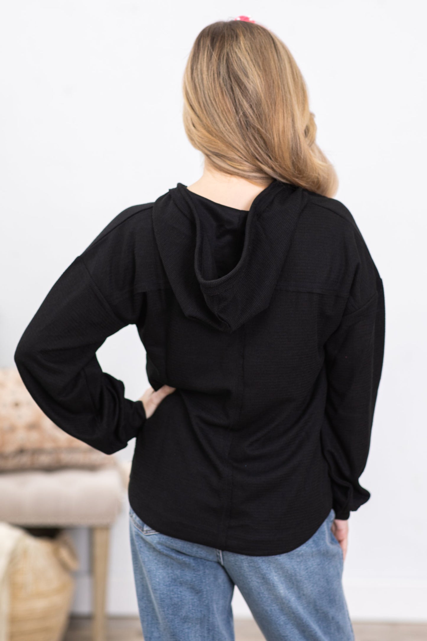 Black V-Neck Hoodie Knit Top