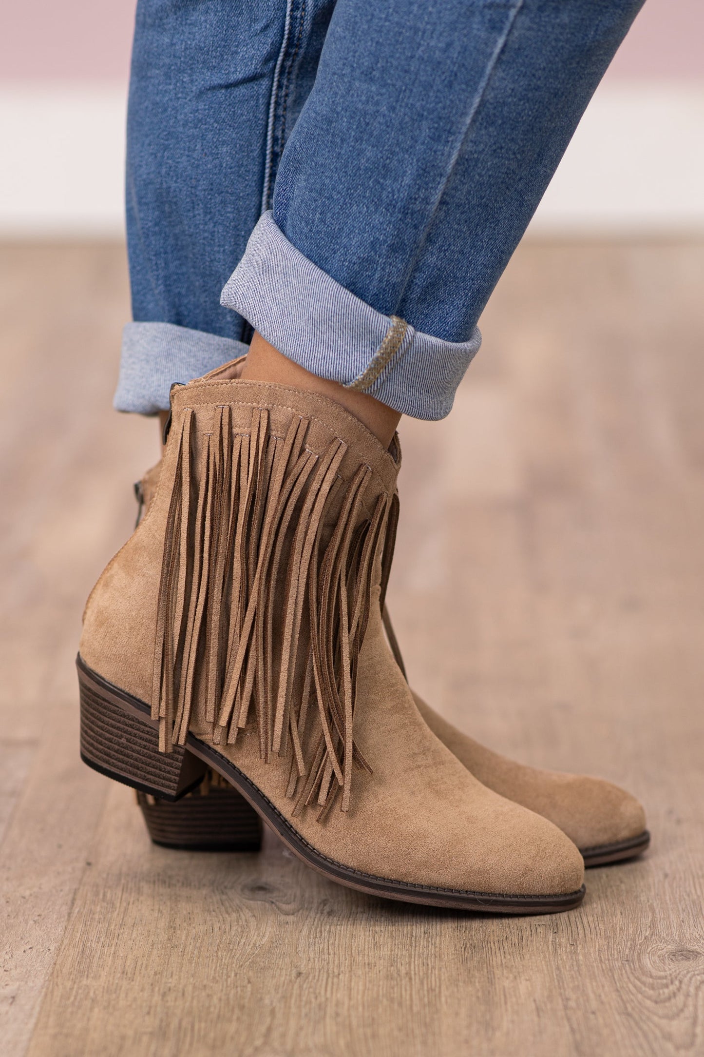 Tan Faux Suede Fringe Detail Booties