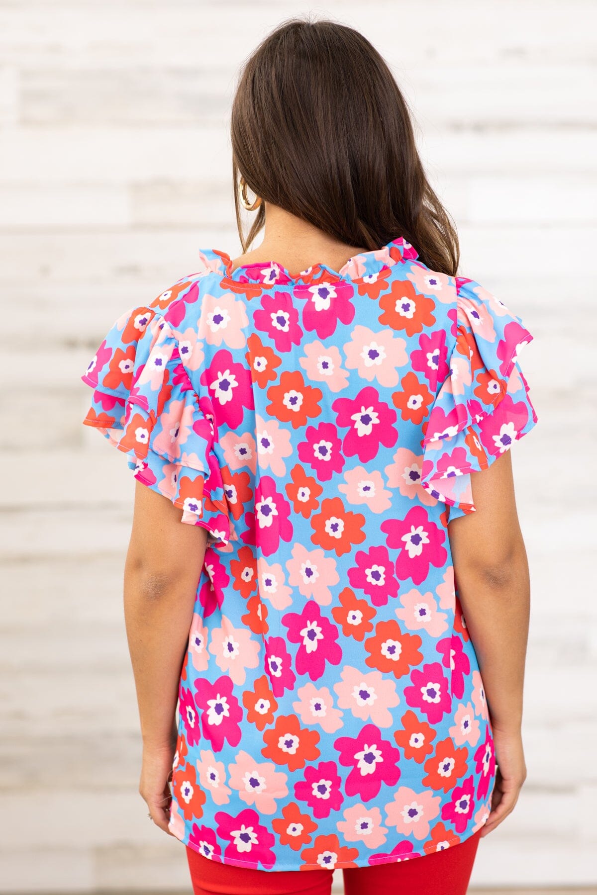 Hot Pink and Cornflower Floral Print Top
