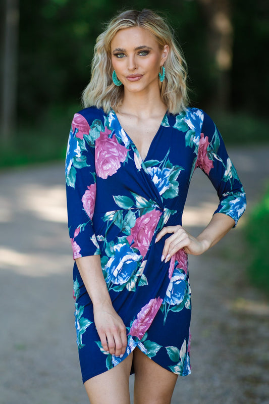Navy and Dusty Rose Floral Print Dress
