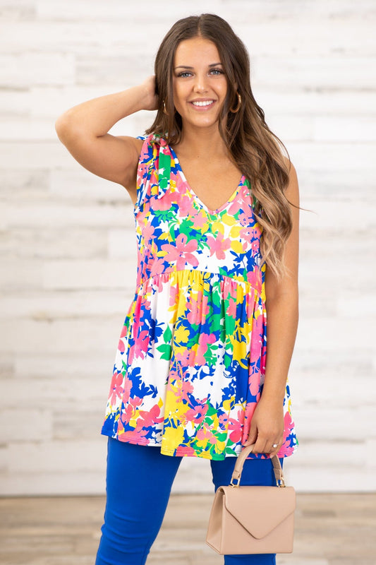 Pink and Cobalt Multicolor Floral Babydoll Top