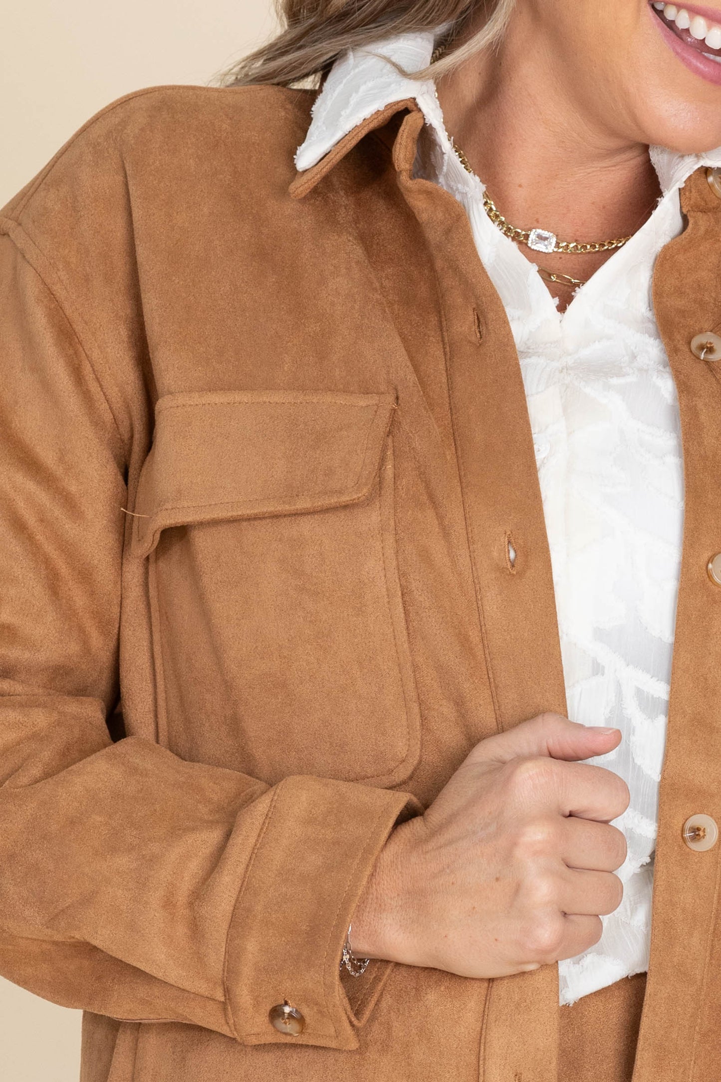 Camel Microsuede Shirt Jacket With Pockets