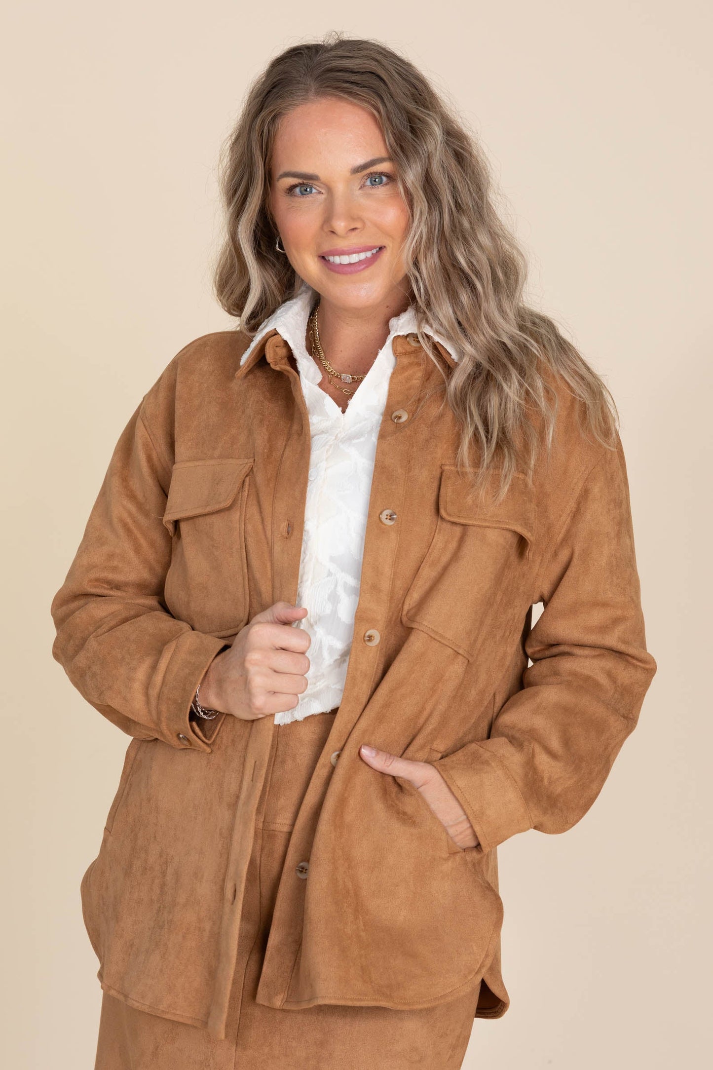 Camel Microsuede Shirt Jacket With Pockets