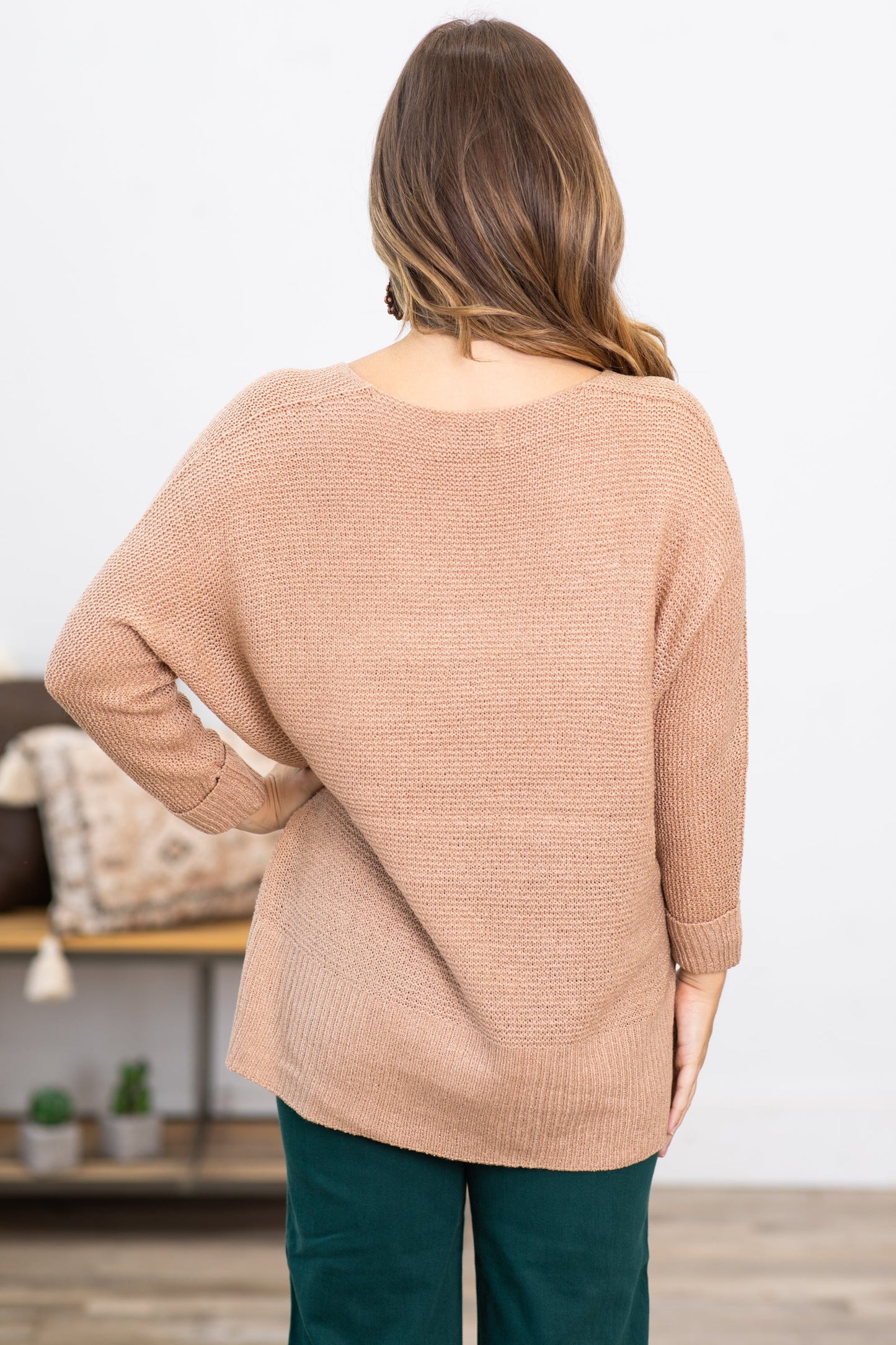 Light Taupe V-Neck Lightweight Slouchy Sweater