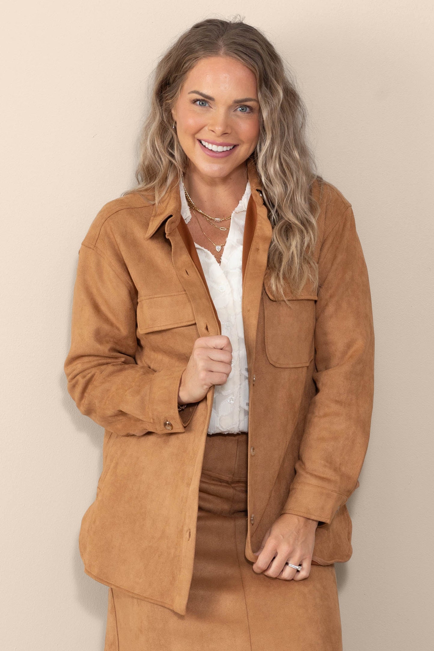 Camel Microsuede Shirt Jacket With Pockets