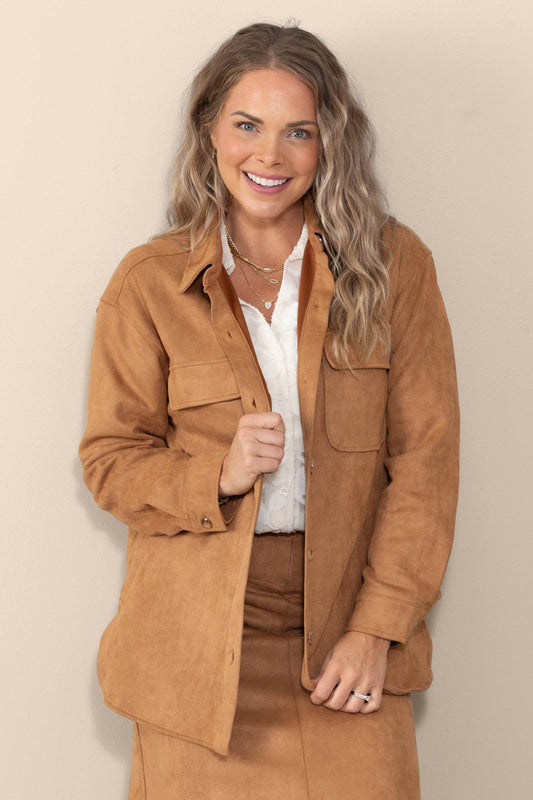 Camel Microsuede Shirt Jacket With Pockets