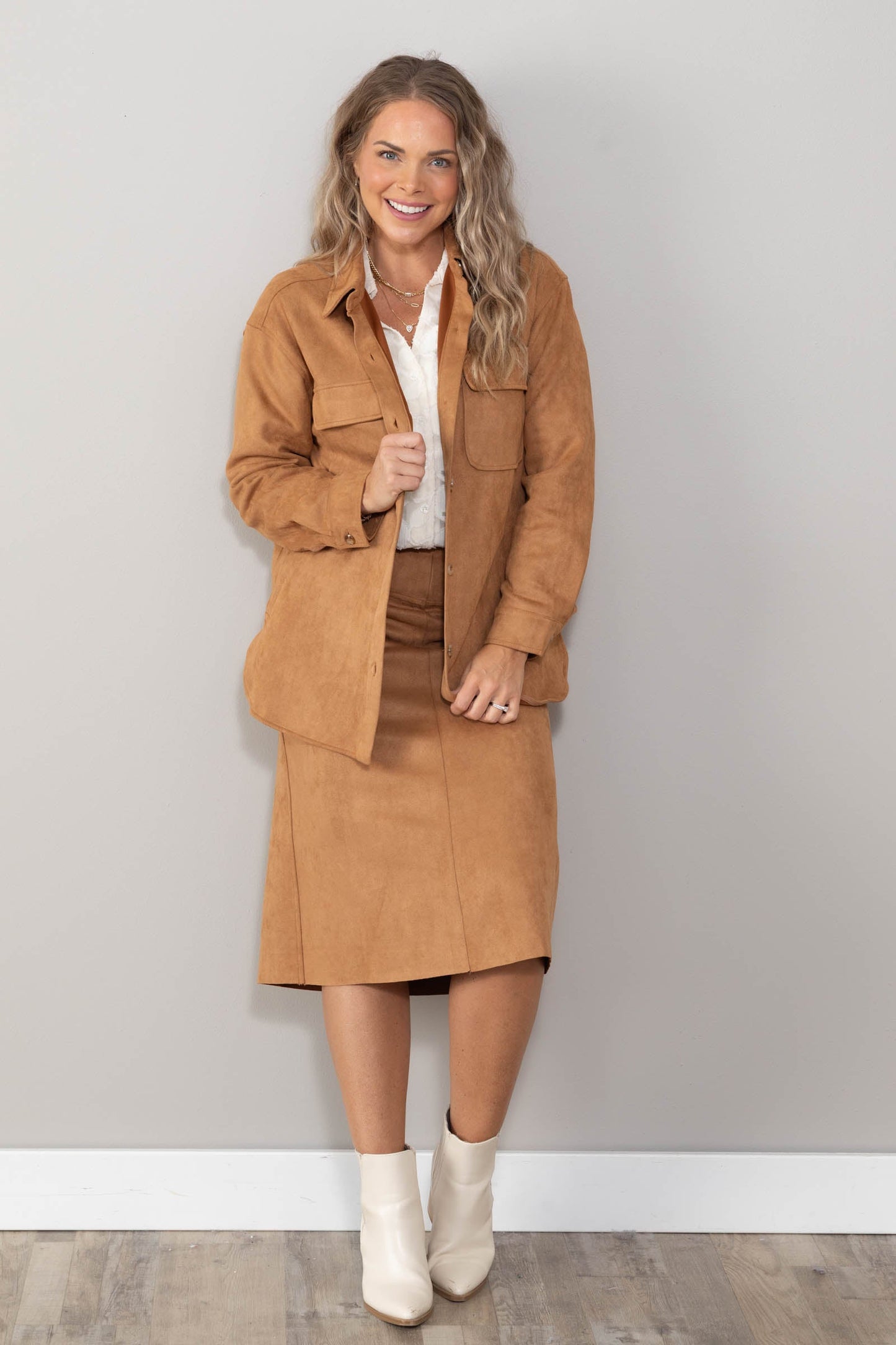 Camel Microsuede Shirt Jacket With Pockets