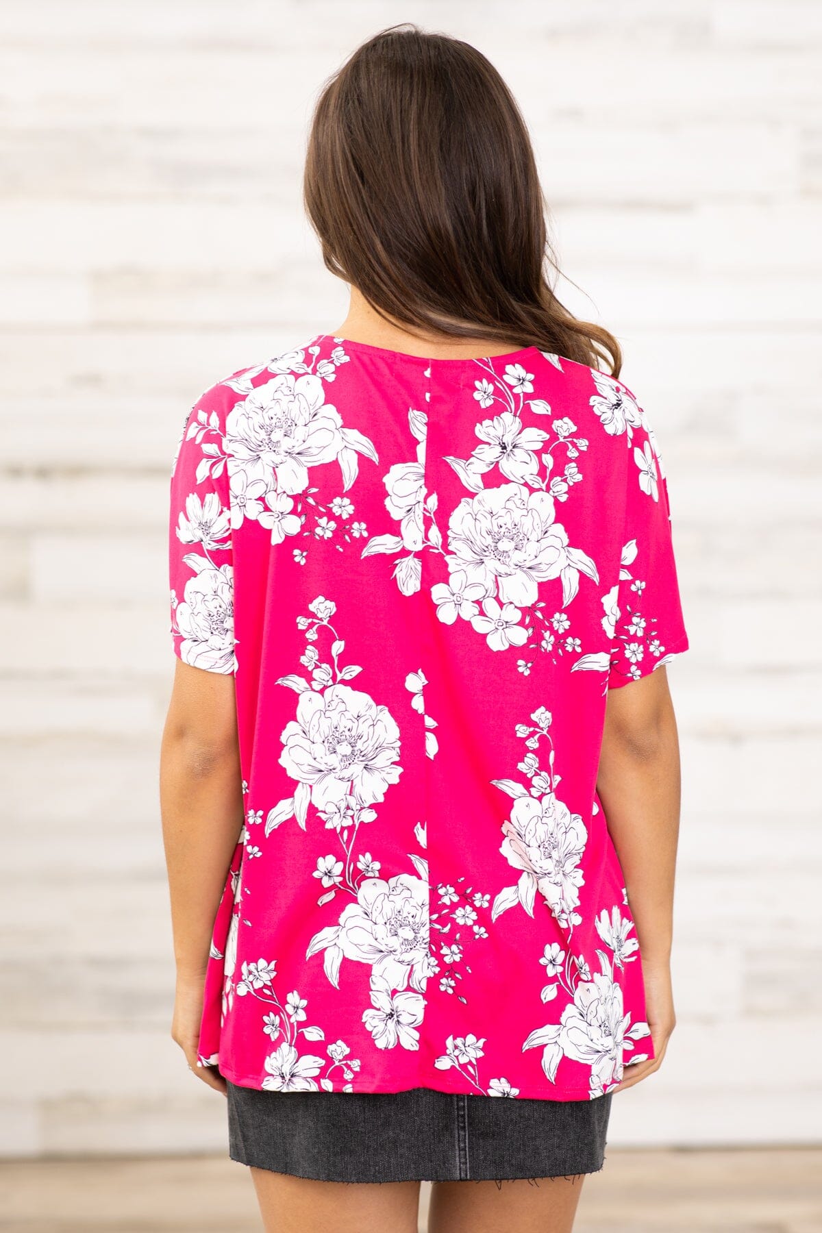 Hot Pink and White Floral Print V-Neck Top