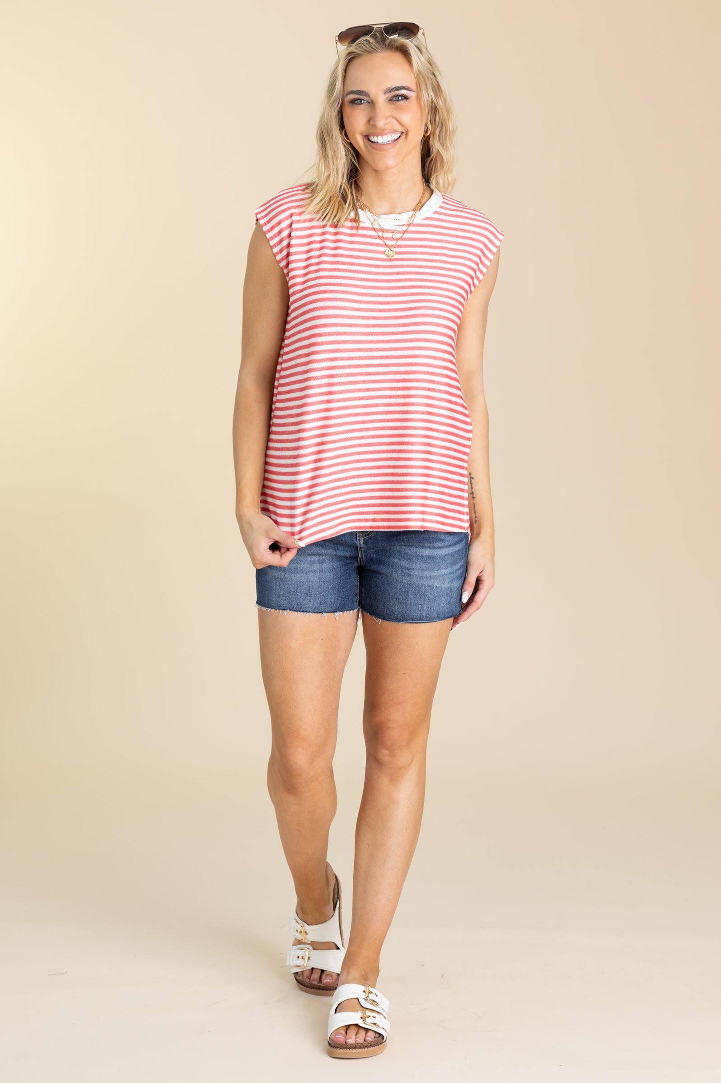 Red Striped Cap Sleeve Knit Top