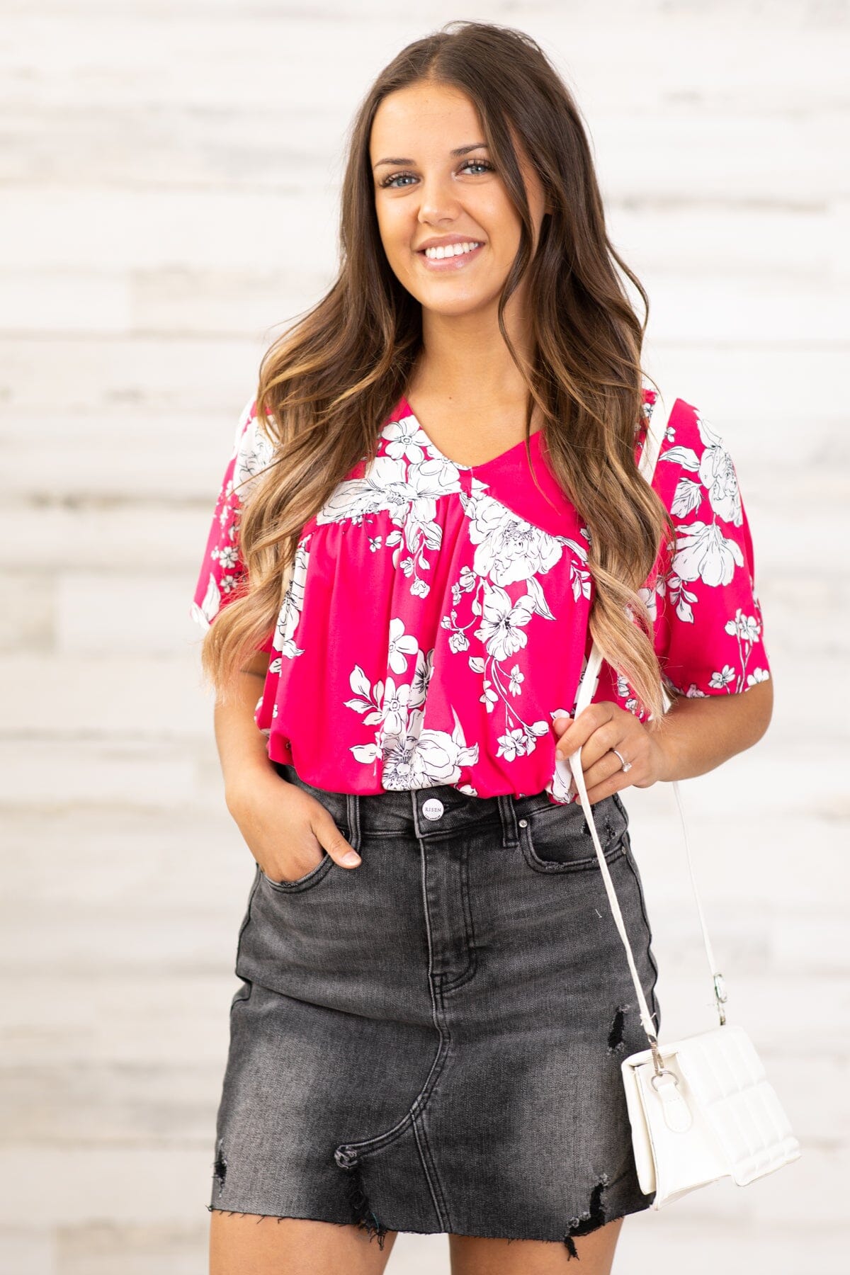 Hot Pink and White Floral Print V-Neck Top
