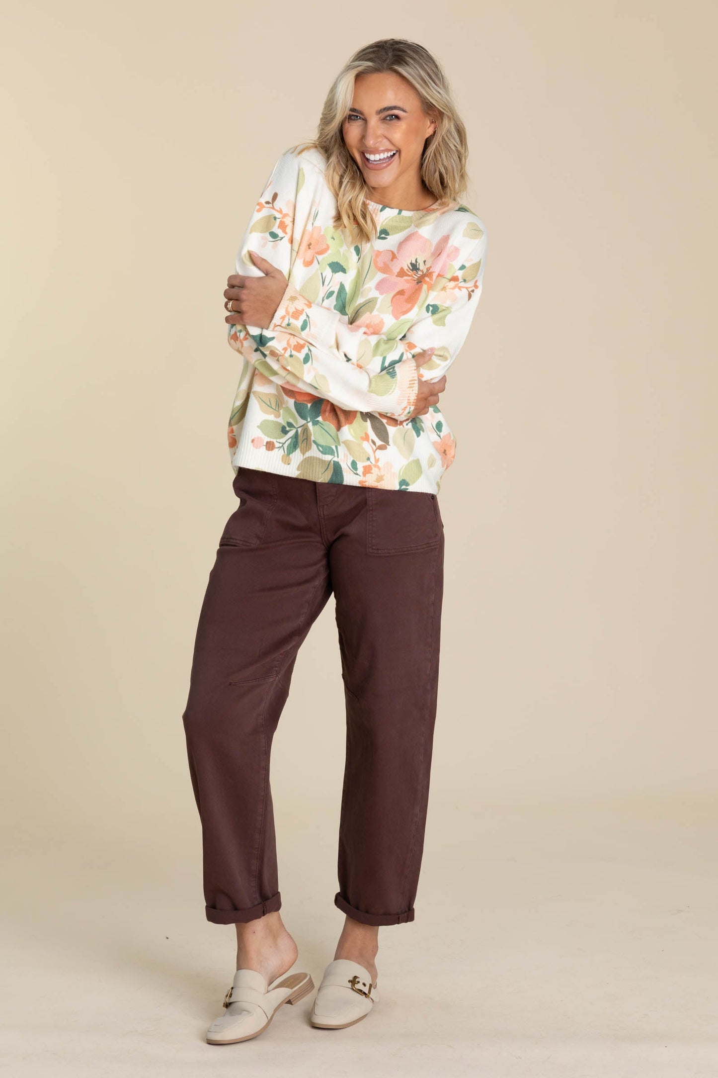 Peach Floral Printed Knit Sweater Top