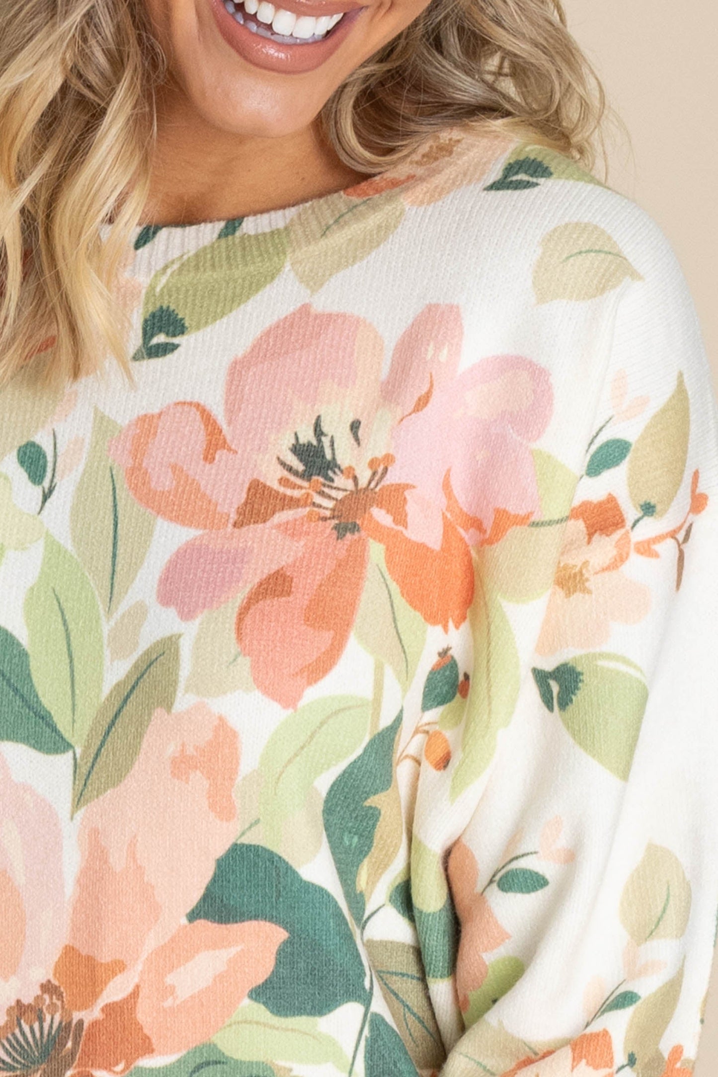 Peach Floral Printed Knit Sweater Top