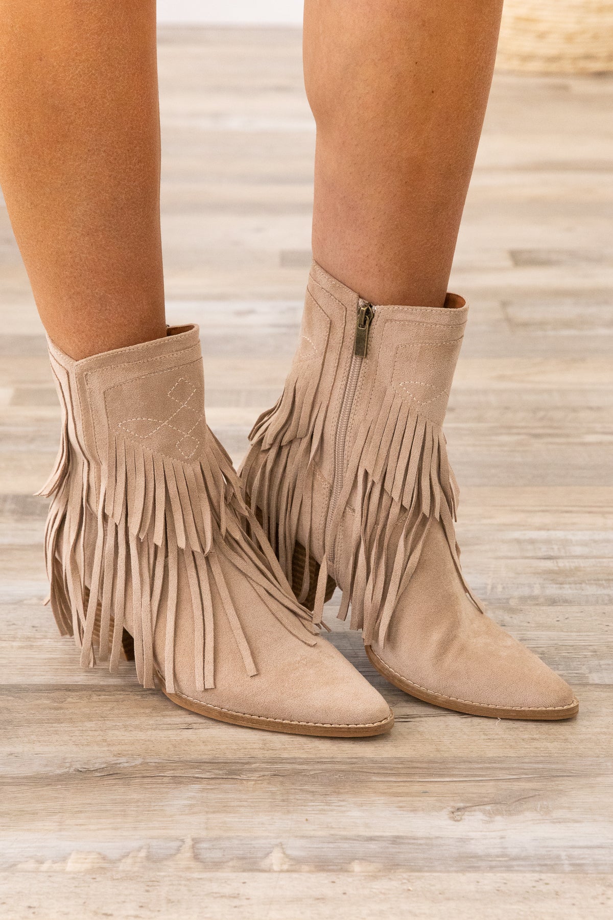 Oatmeal Fringe Pointed Toe Booties