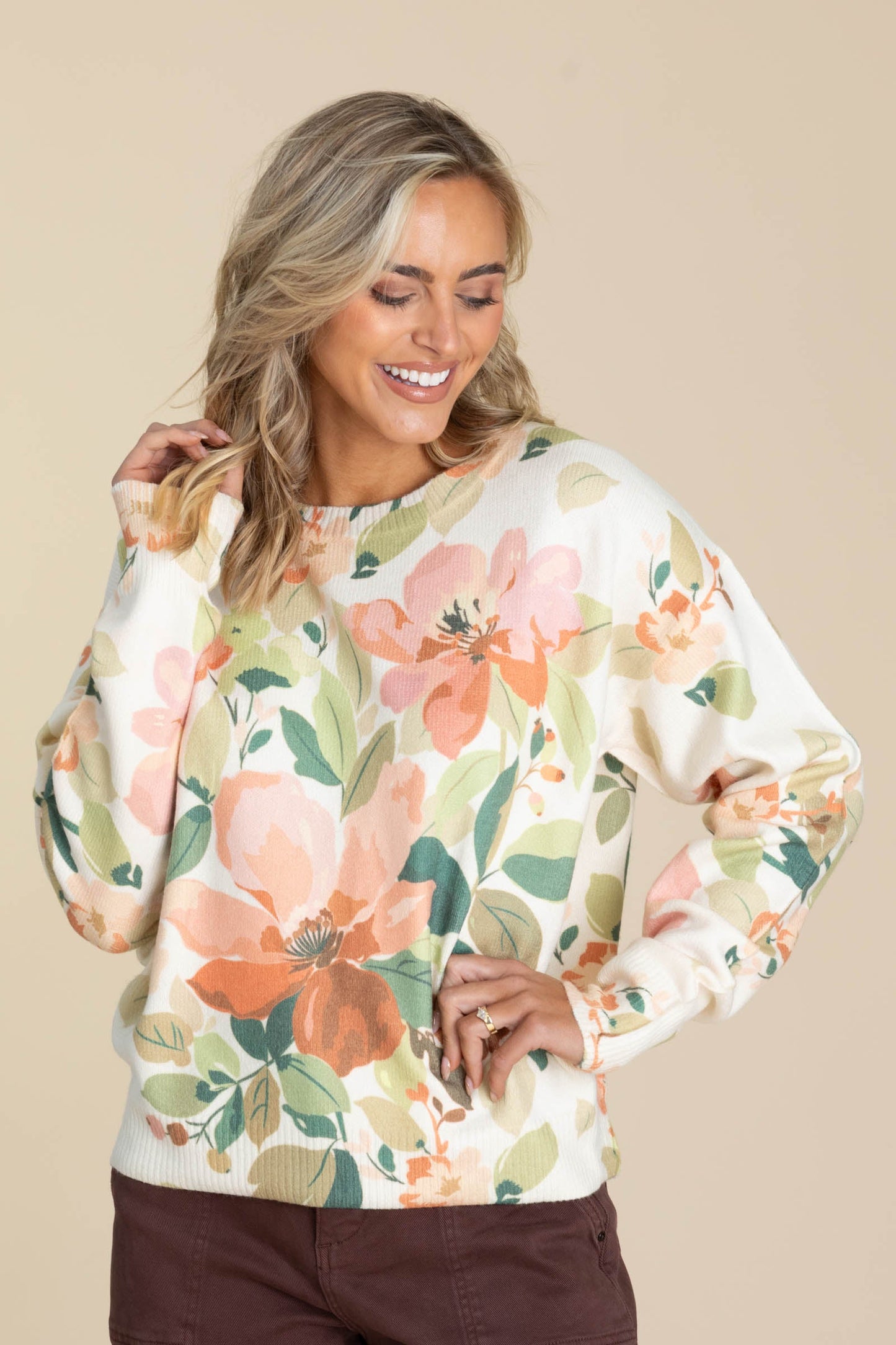 Peach Floral Printed Knit Sweater Top