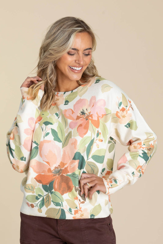 Peach Floral Printed Knit Sweater Top