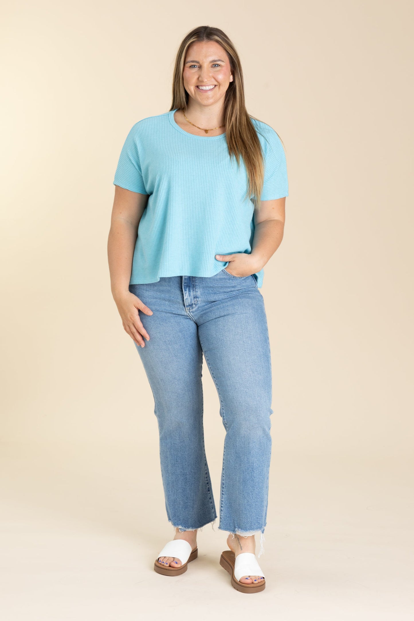 Round Neck Cuffed Detail Short Sleeve Top