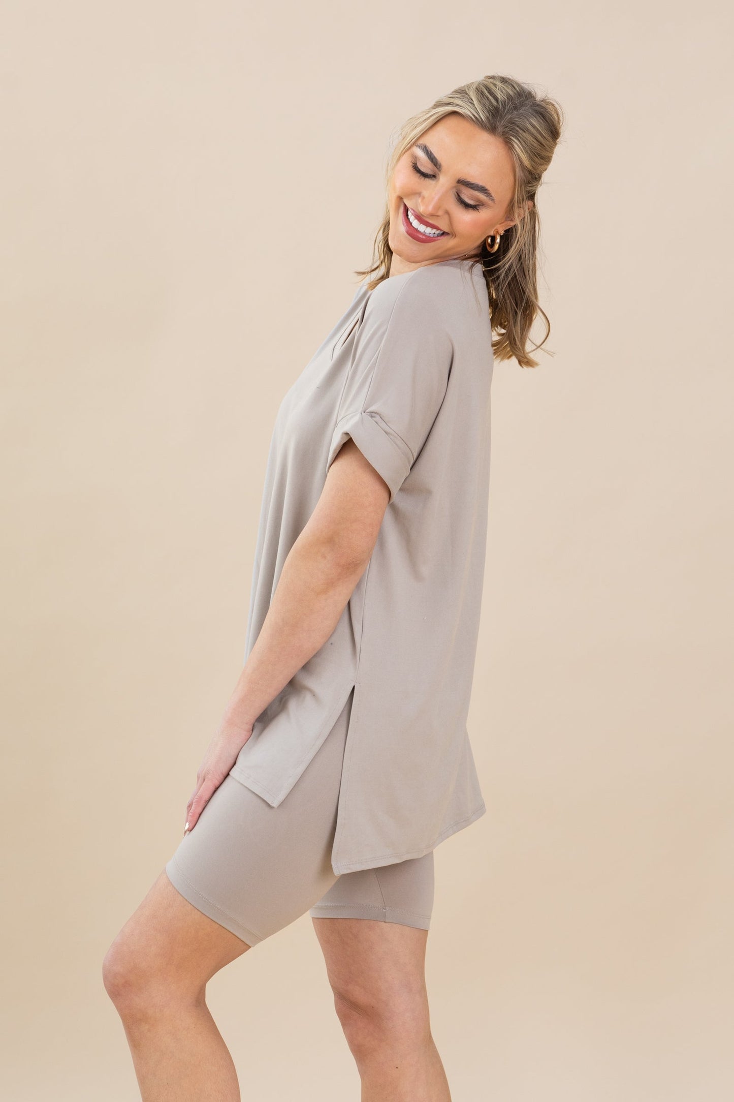 Soft V-Neck Top And Biker Short Set