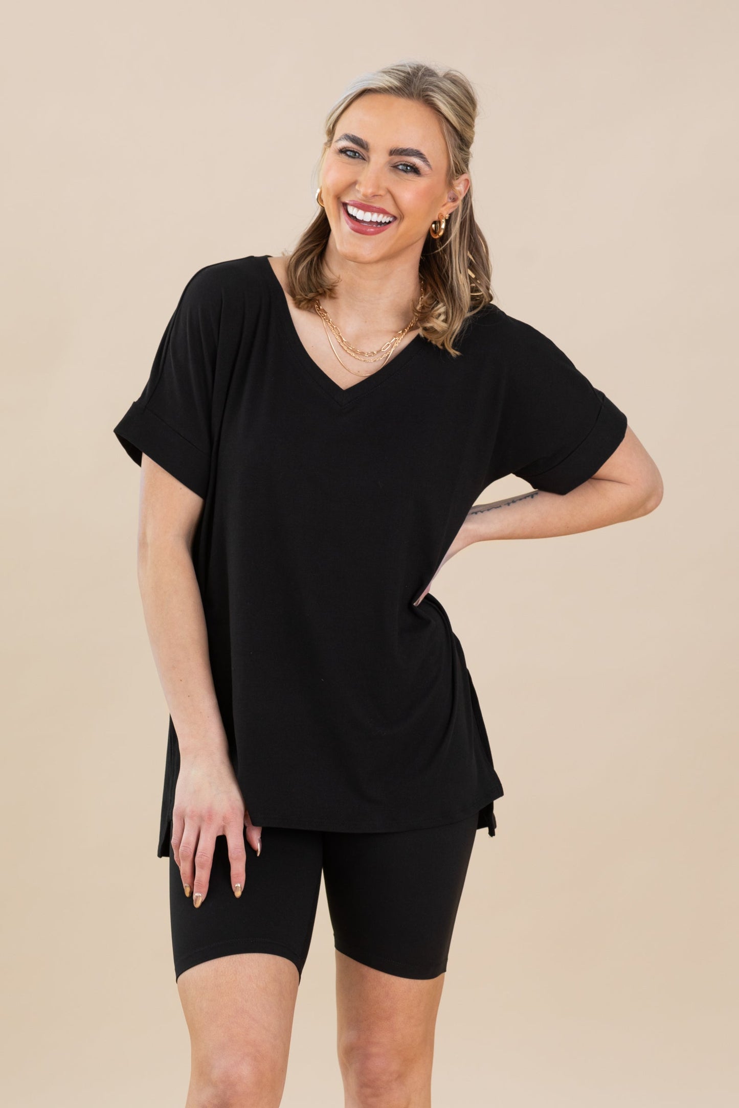 Soft V-Neck Top And Biker Short Set