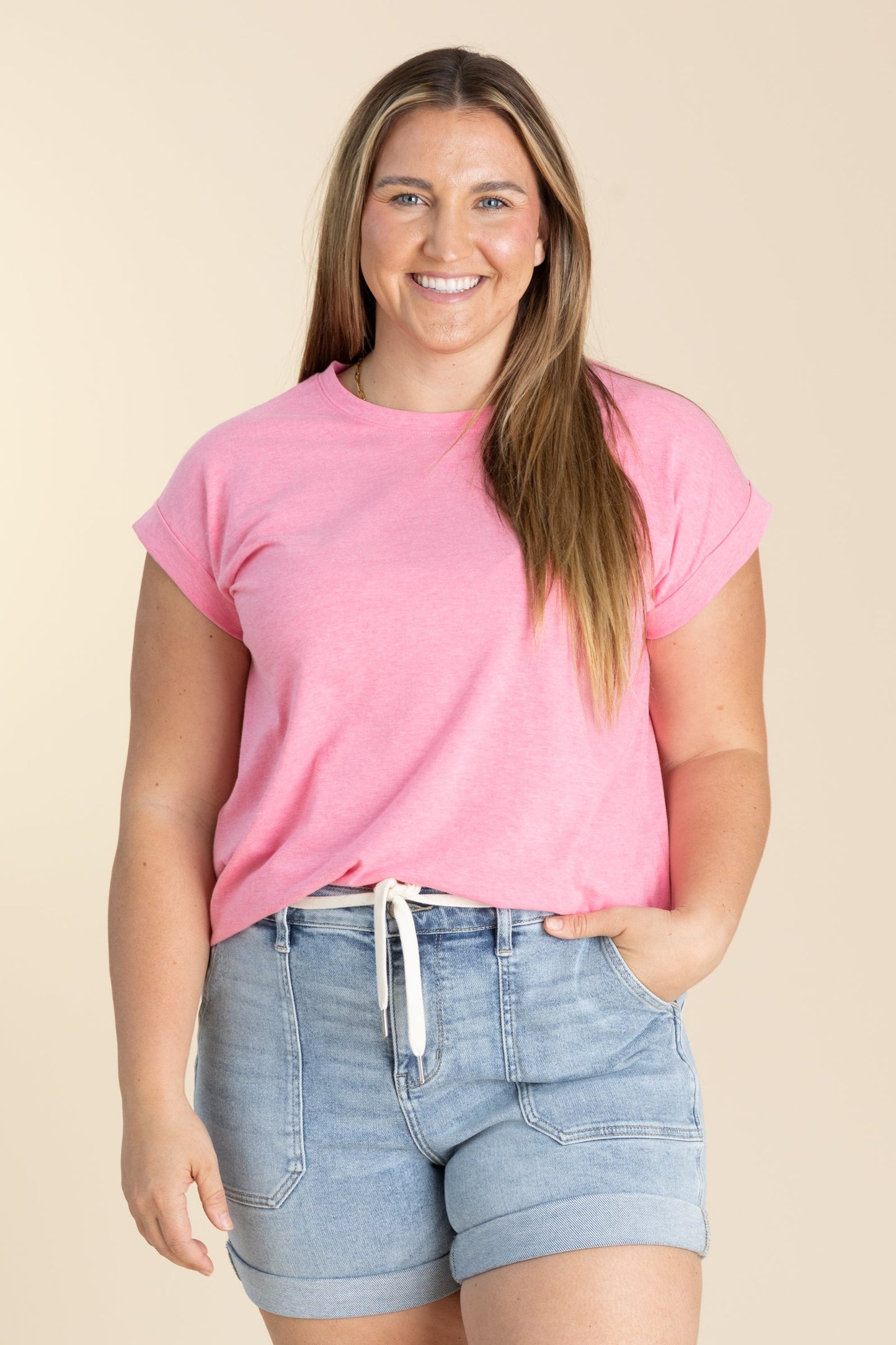 Round Neck Cuffed Detail Short Sleeve Top