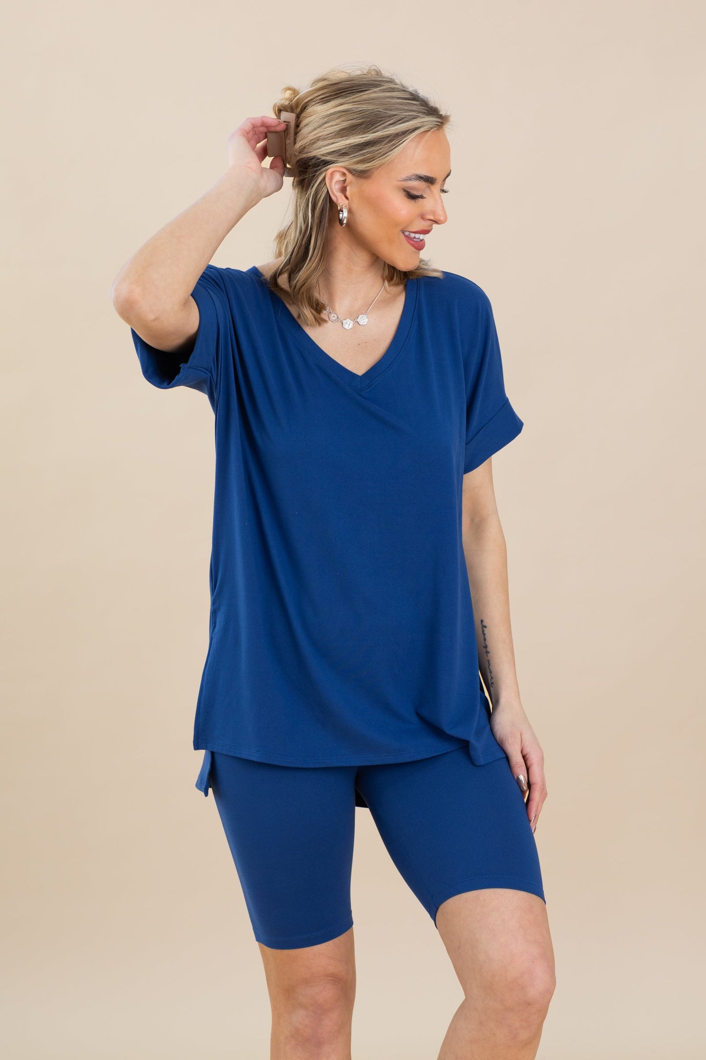 Soft V-Neck Top And Biker Short Set