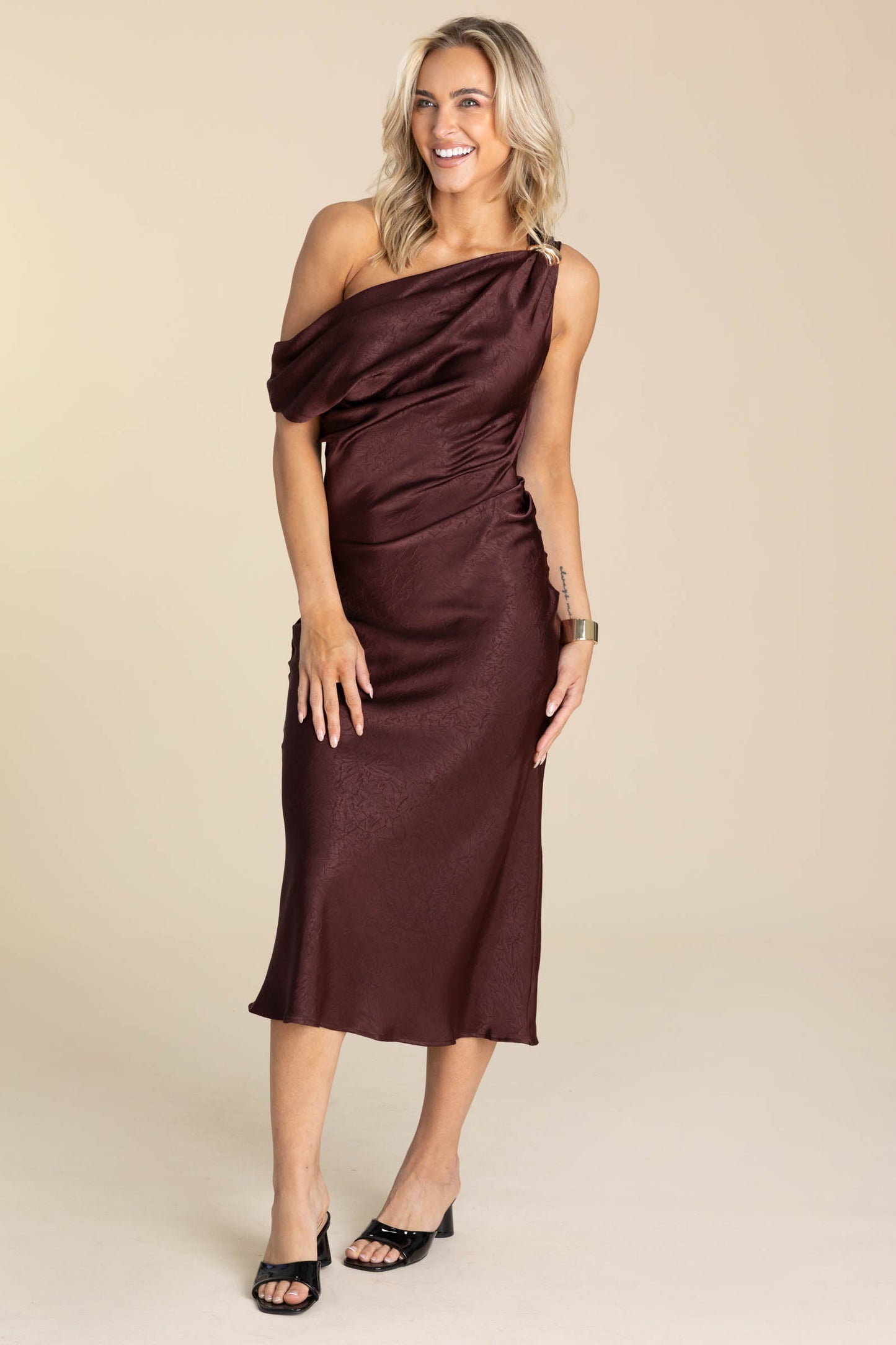 Maroon Draped Midi Dress With Brooch Detail