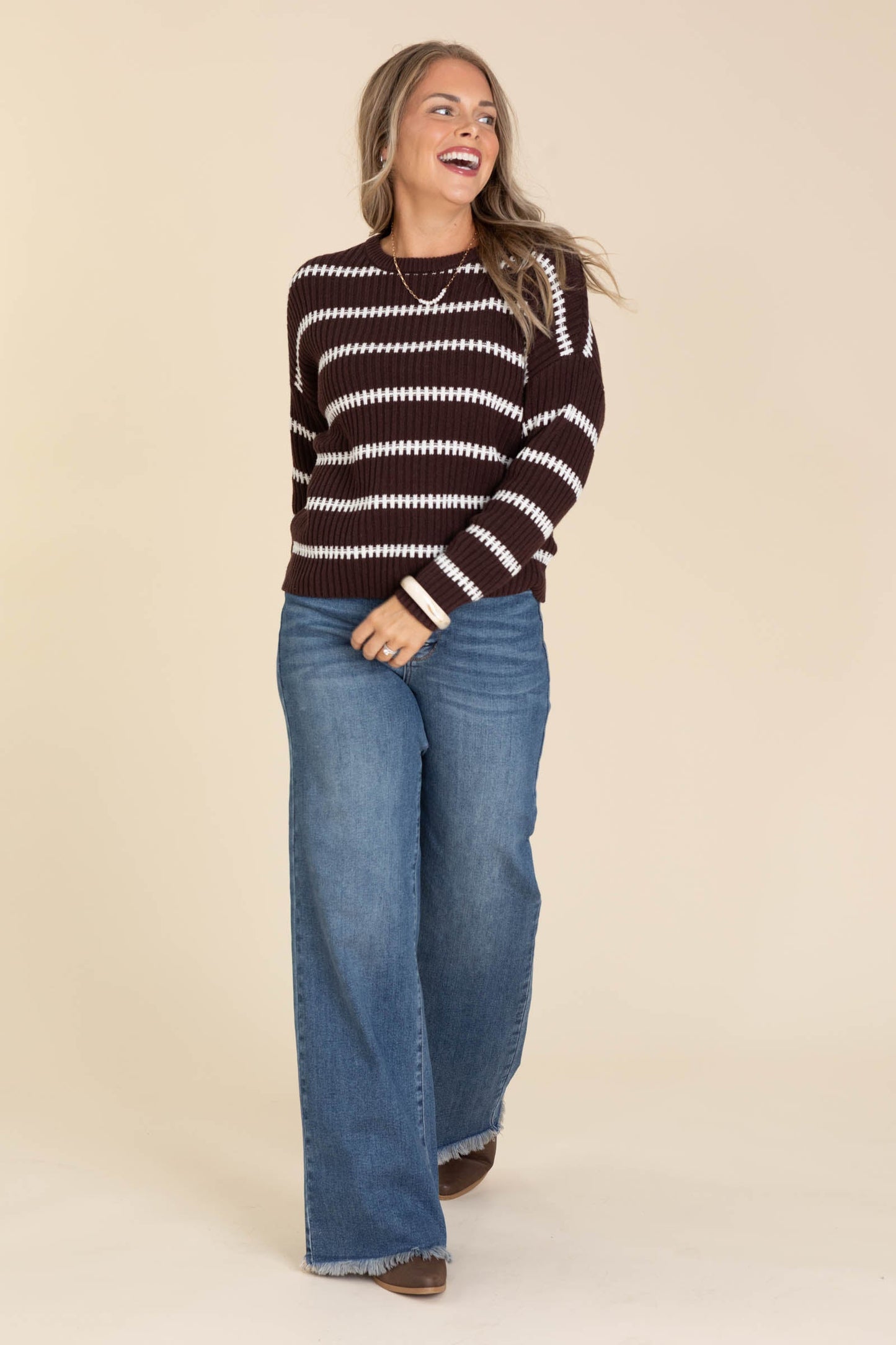 Brown Stripe Long Sleeve Ribbed Knit Sweater