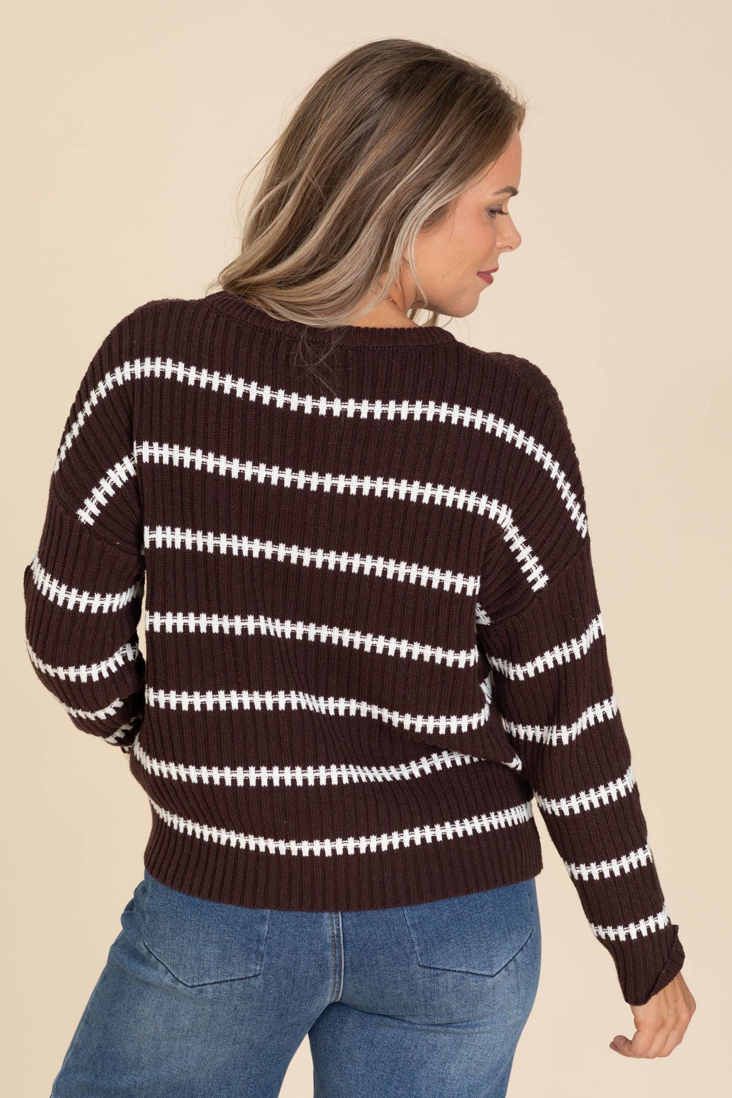 Brown Stripe Long Sleeve Ribbed Knit Sweater