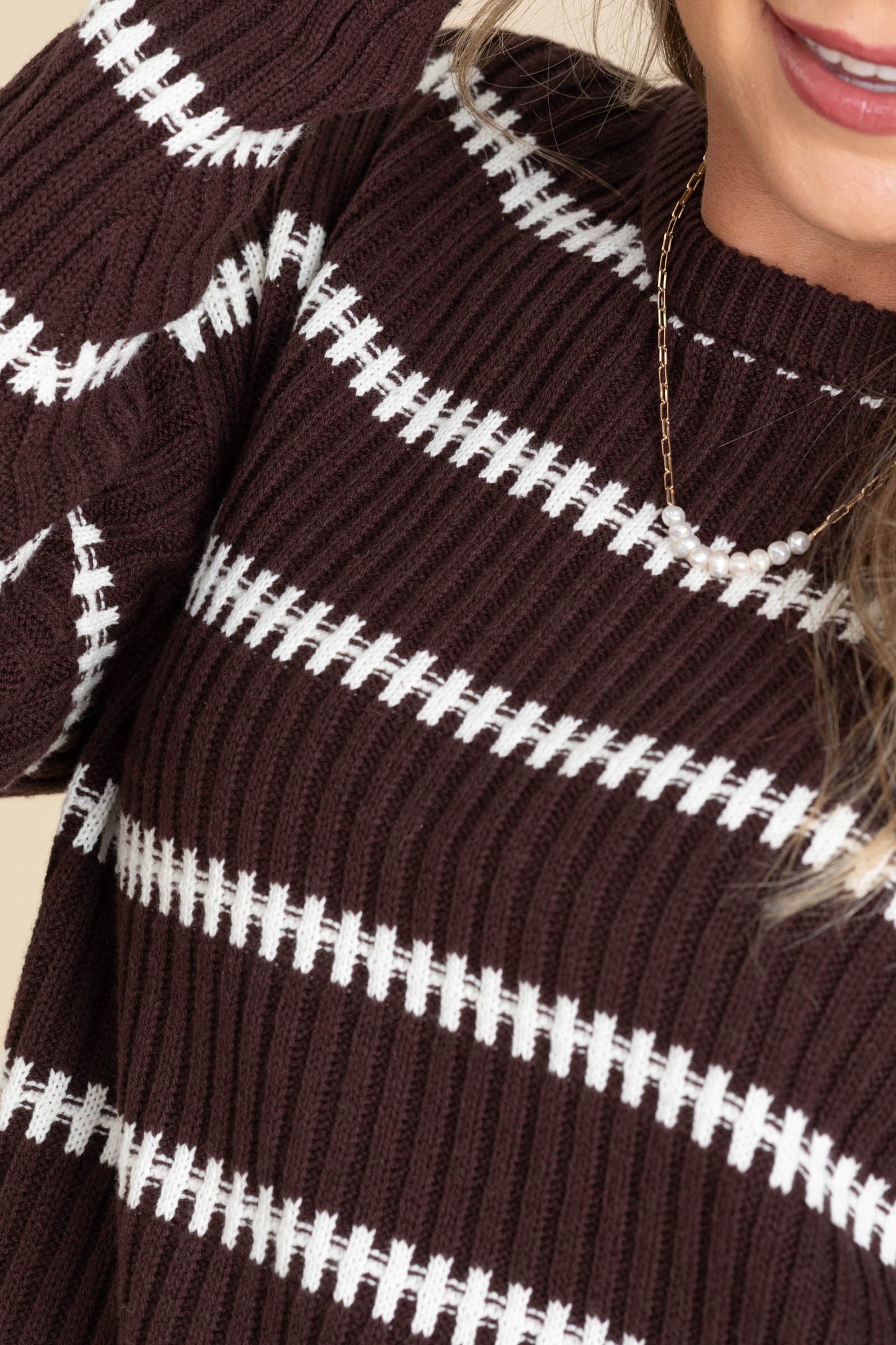 Brown Stripe Long Sleeve Ribbed Knit Sweater