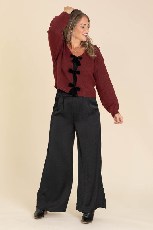 Black Crinkle Satin Wide Leg Pants