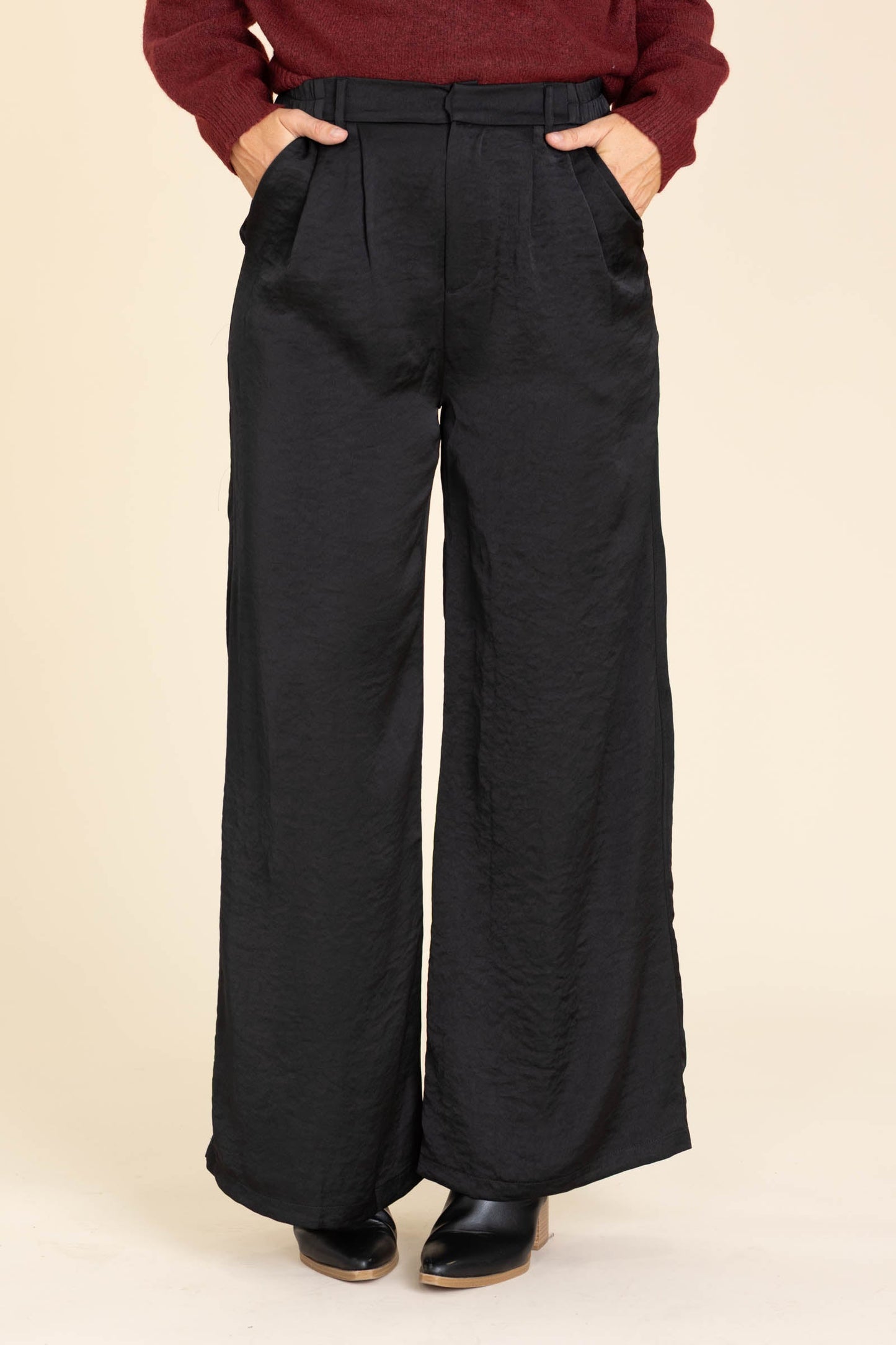 Black Crinkle Satin Wide Leg Pants