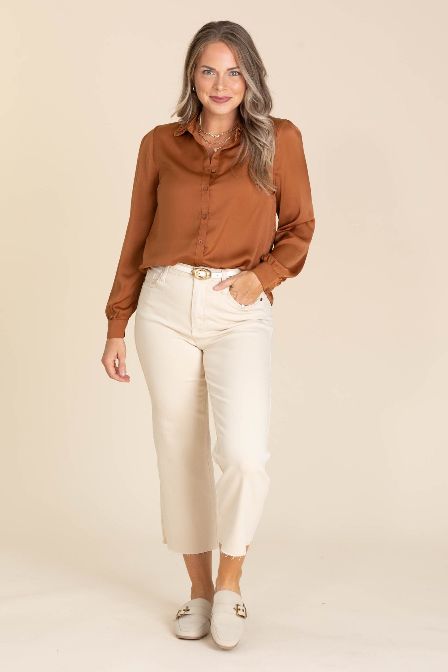 Cinnamon Soft Satin Button Front Woven Top