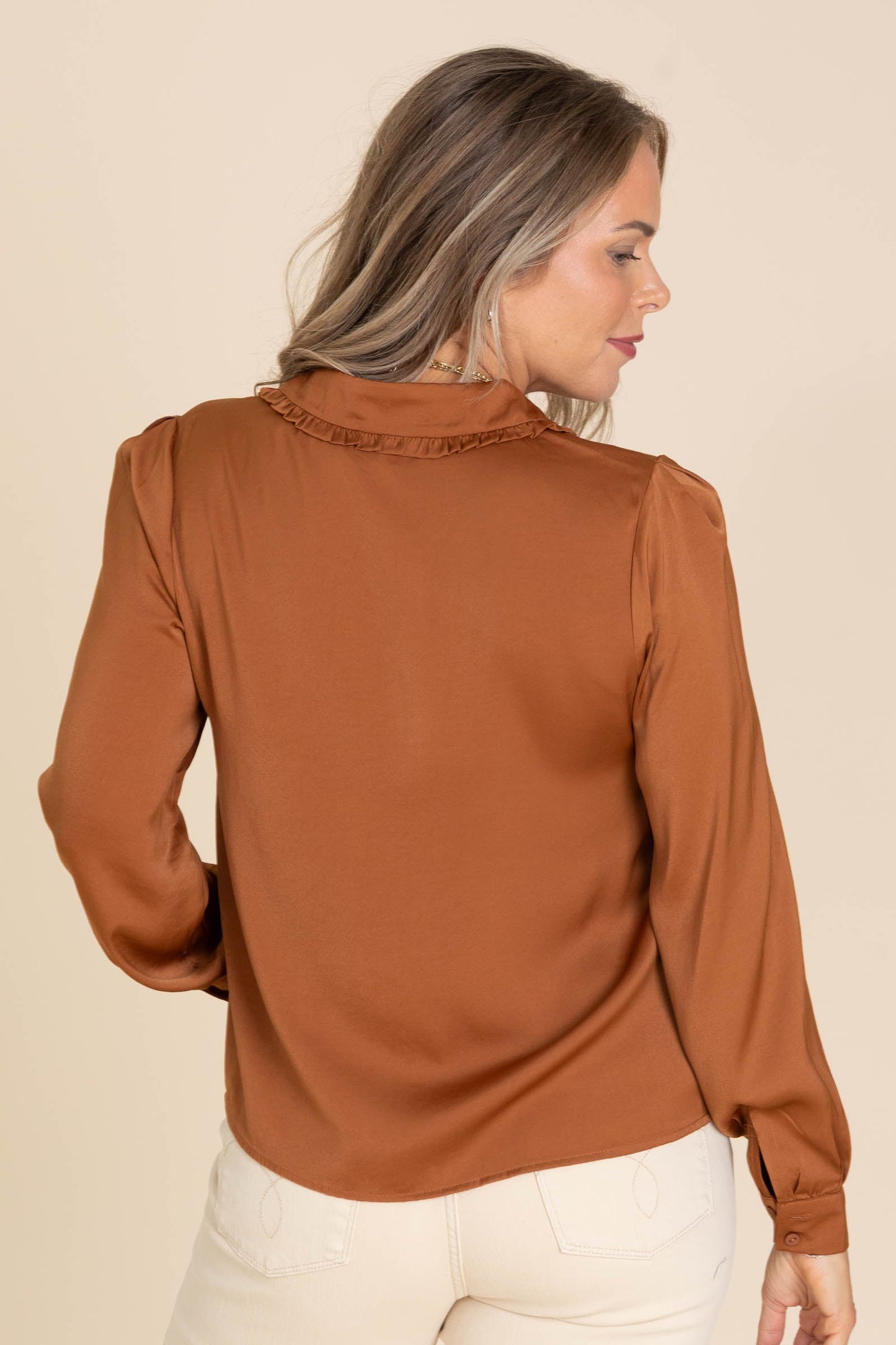 Cinnamon Soft Satin Button Front Woven Top