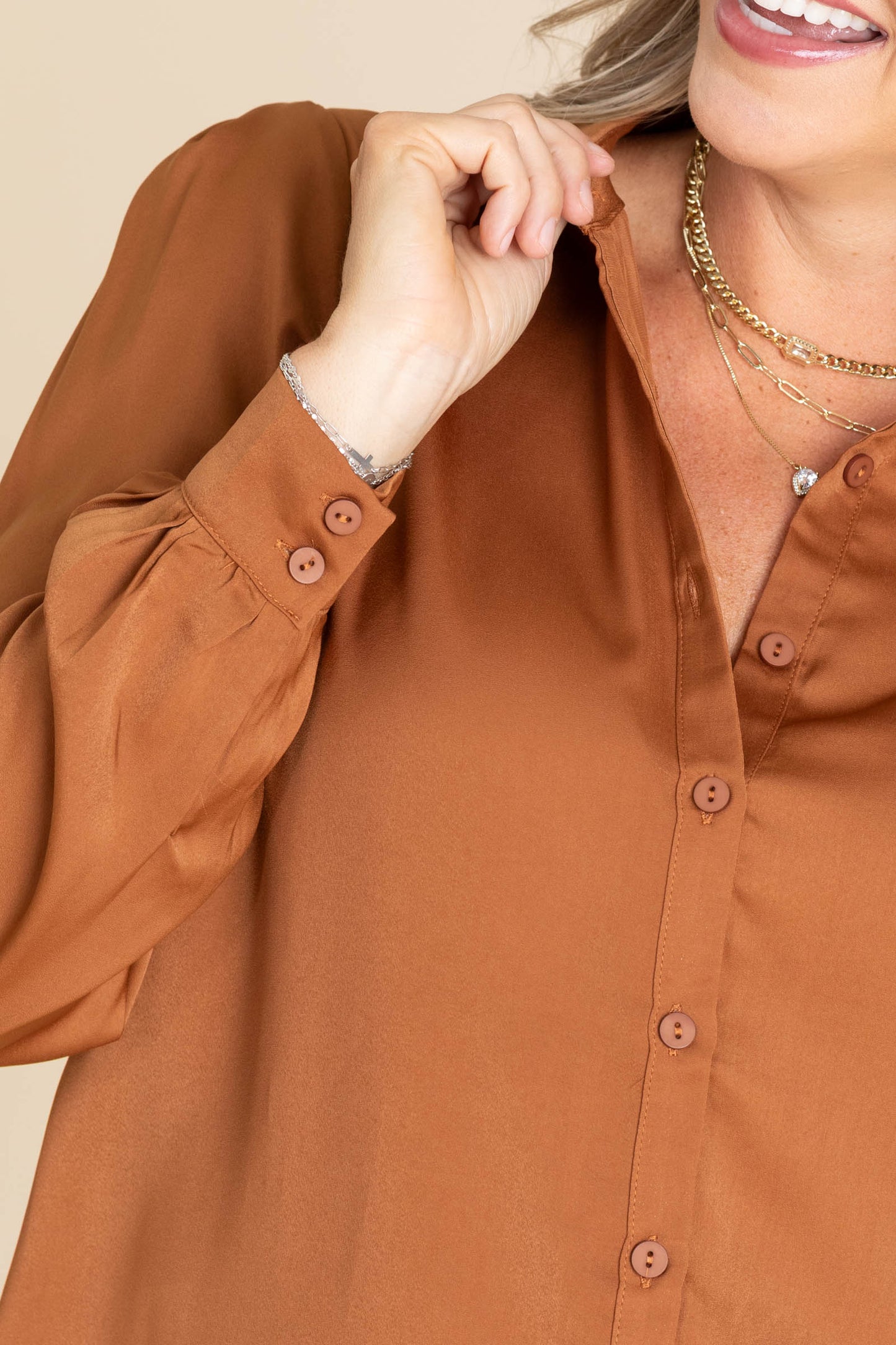 Cinnamon Soft Satin Button Front Woven Top