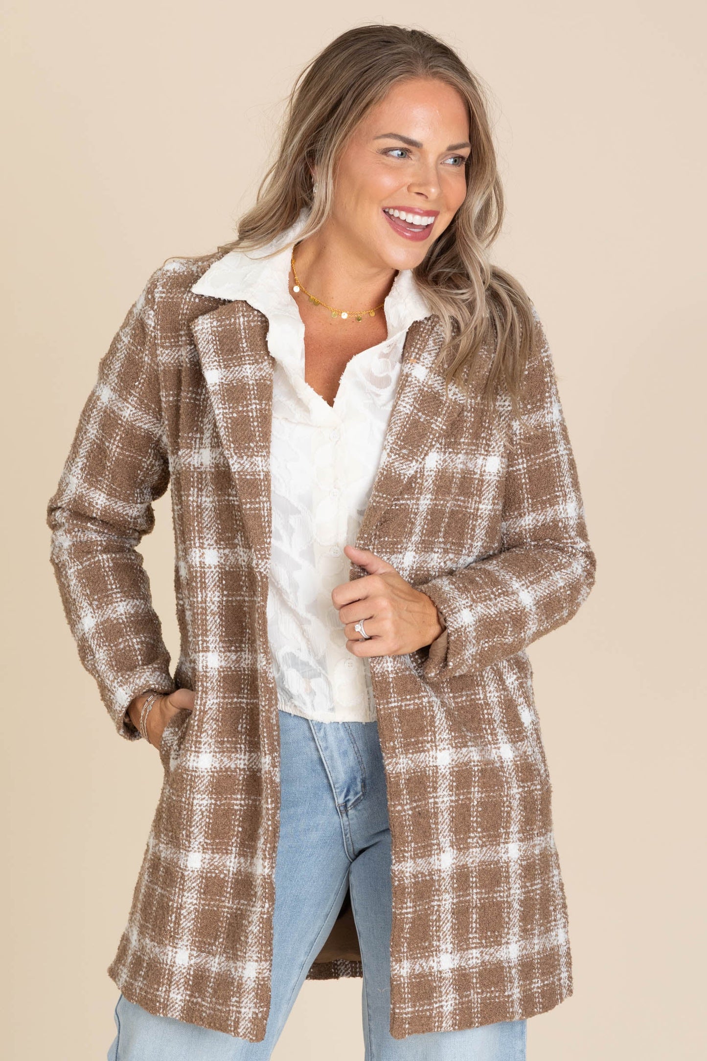 Off White And Mocha Plaid Boucle Jacket