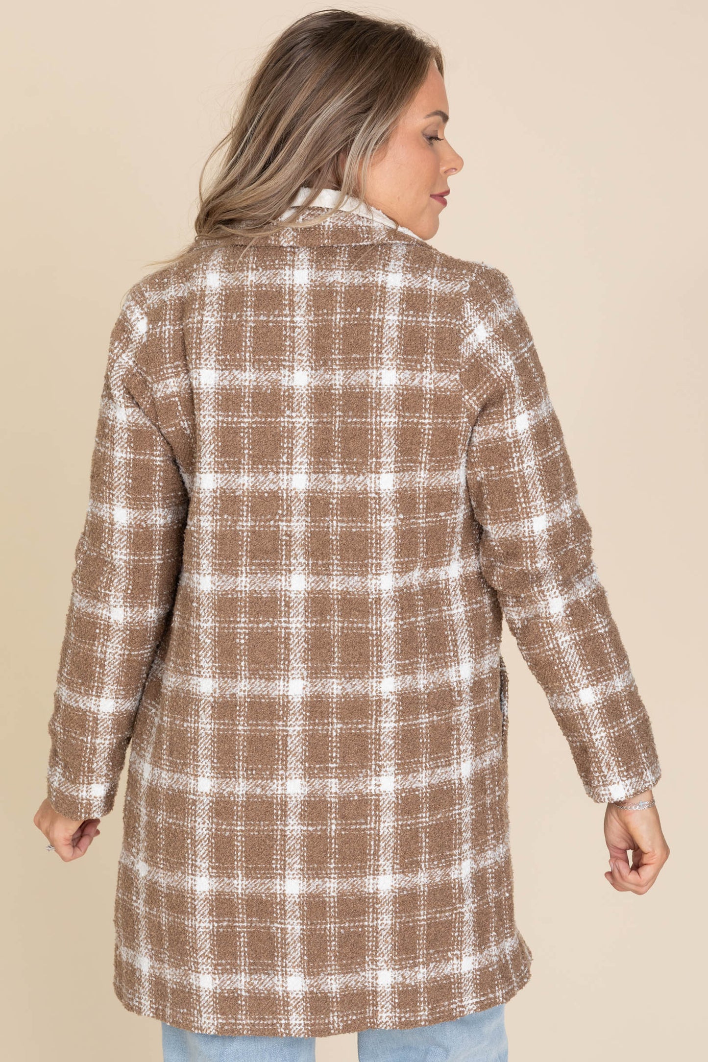 Off White And Mocha Plaid Boucle Jacket